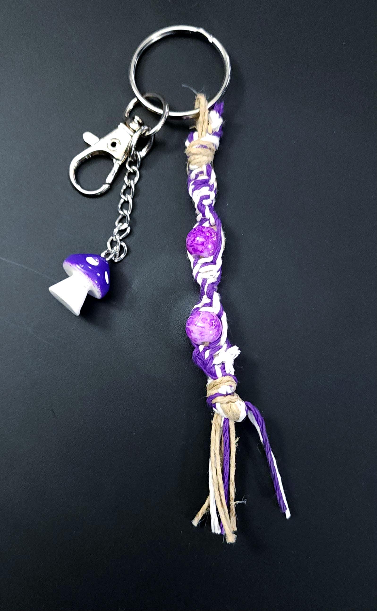 Handmade Hemp Keychain: Purple Mushroom Charm with Glass Beads - Thumbnail 2