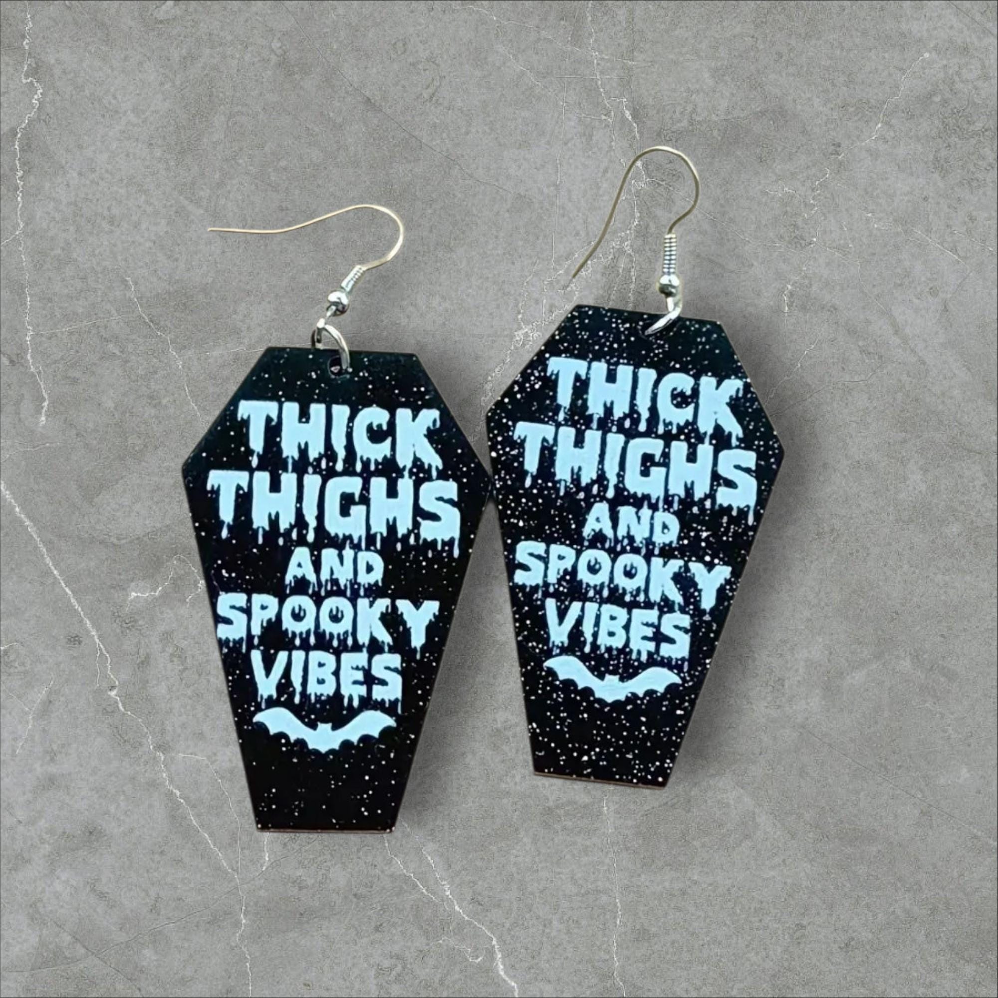 Coffin Halloween Earrings: Thick Thighs Spooky Vibes, Black Acrylic - Thumbnail 7