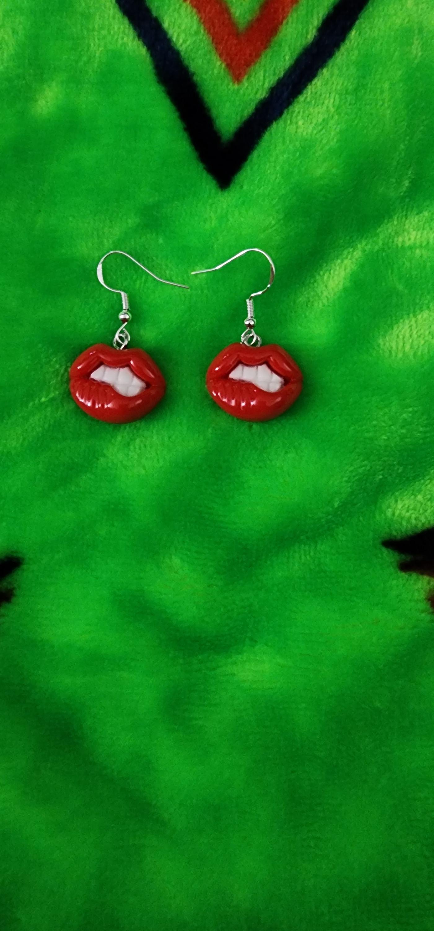 Playful Biting Lip Earrings: Handmade Polymer Clay Dangle Jewelry - Thumbnail 3