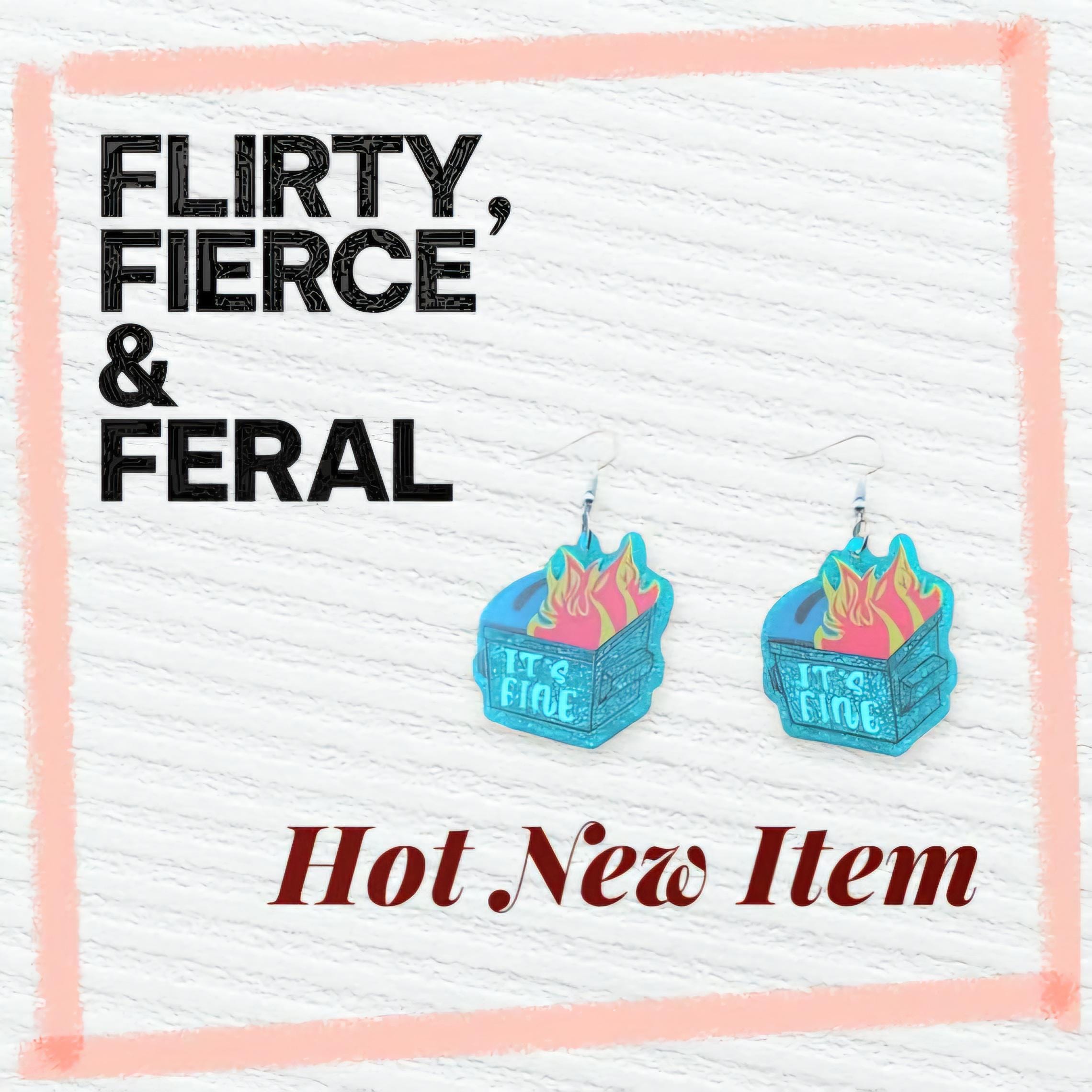 Glittery Blue Dumpster Fire Dangle Earrings – “I’m Fine” – Because Chaos Looks Better with Sparkle