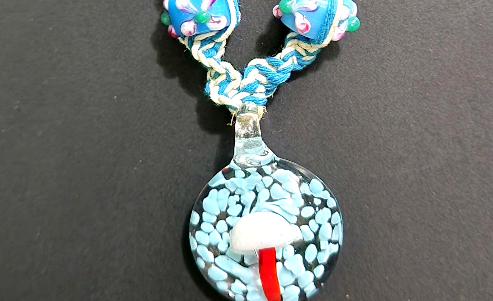 Handmade Blue Hemp Necklace: Glass Mushroom Pendant