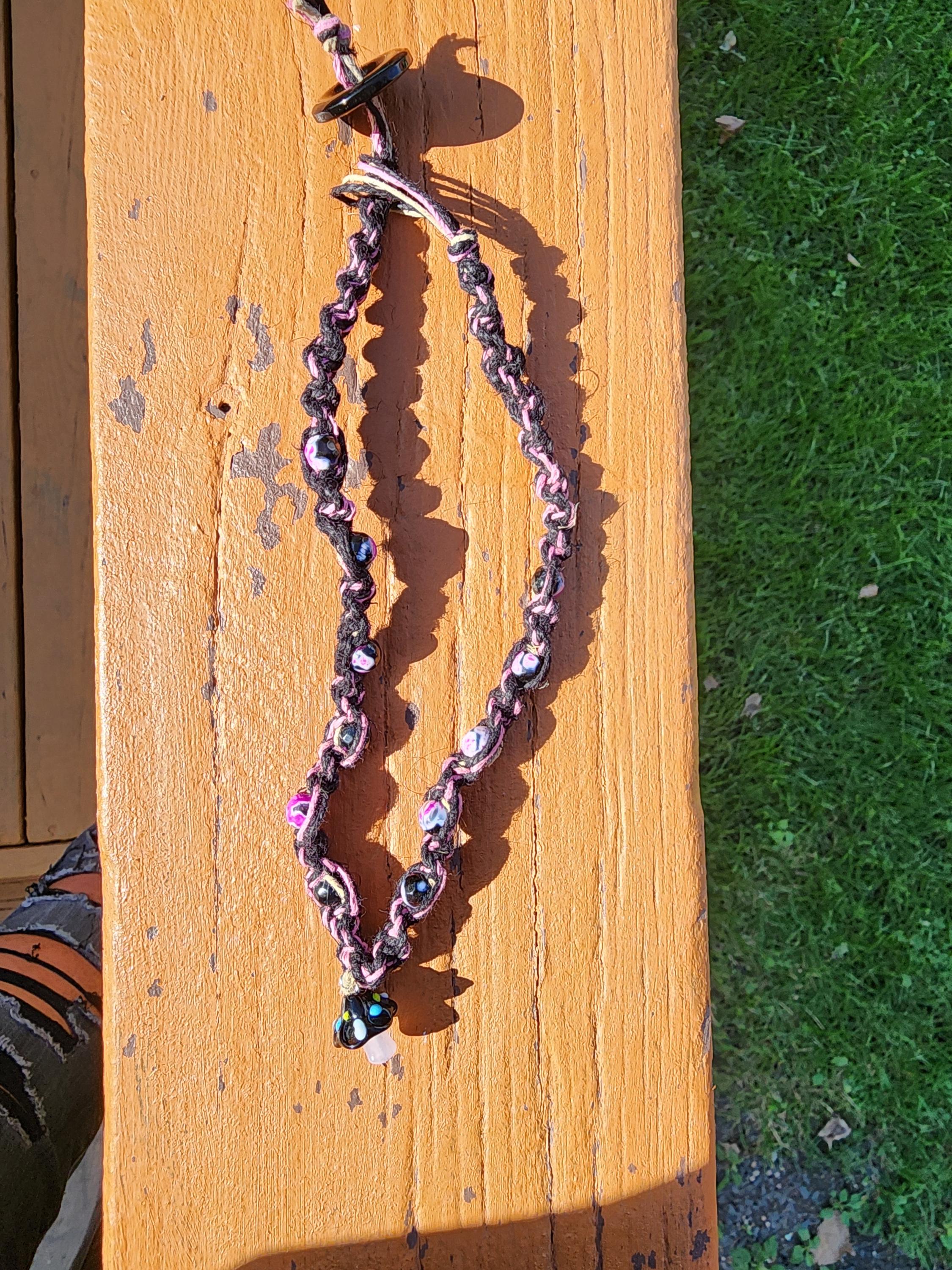 Pink & Black Hemp Necklace: Mushroom Pendant, Boho Alt Jewelry - Thumbnail 4