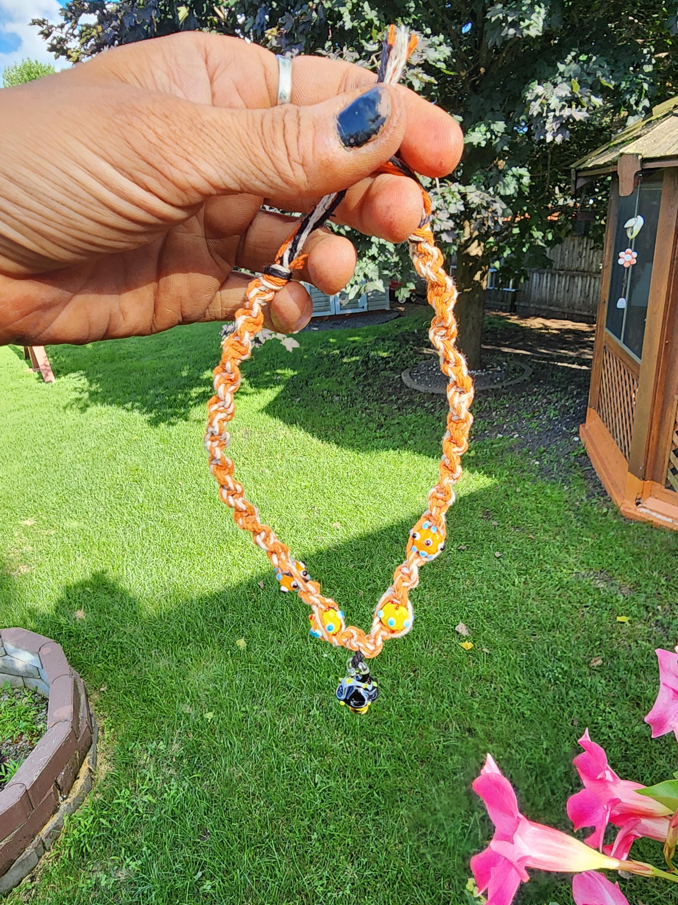 Handmade Hemp Necklace: Black Mushroom Glass Bead, Boho Nature Jewelry - Thumbnail 3