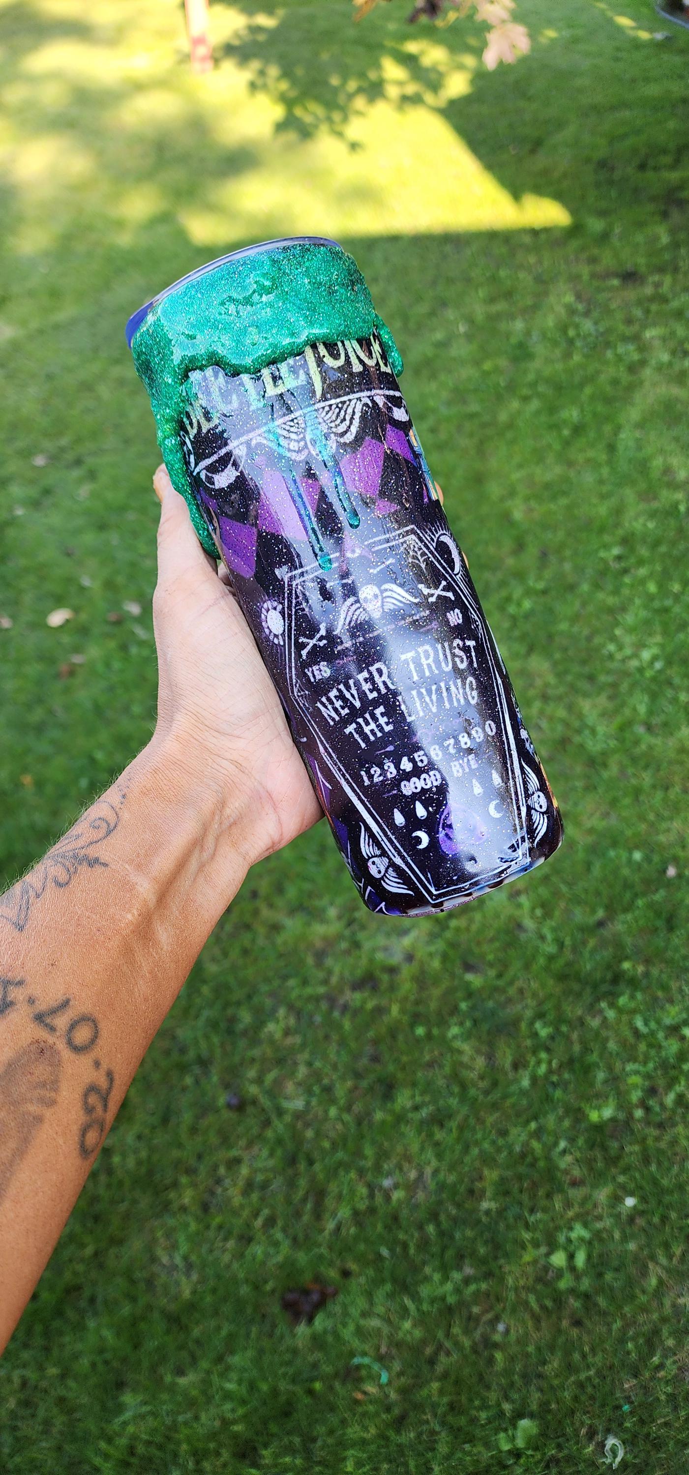Never Trust the Living Beetlejuice Tumbler – 20oz Spooky Epoxy Drip Cup | Handmade Halloween Horror Drinkware - Thumbnail 5