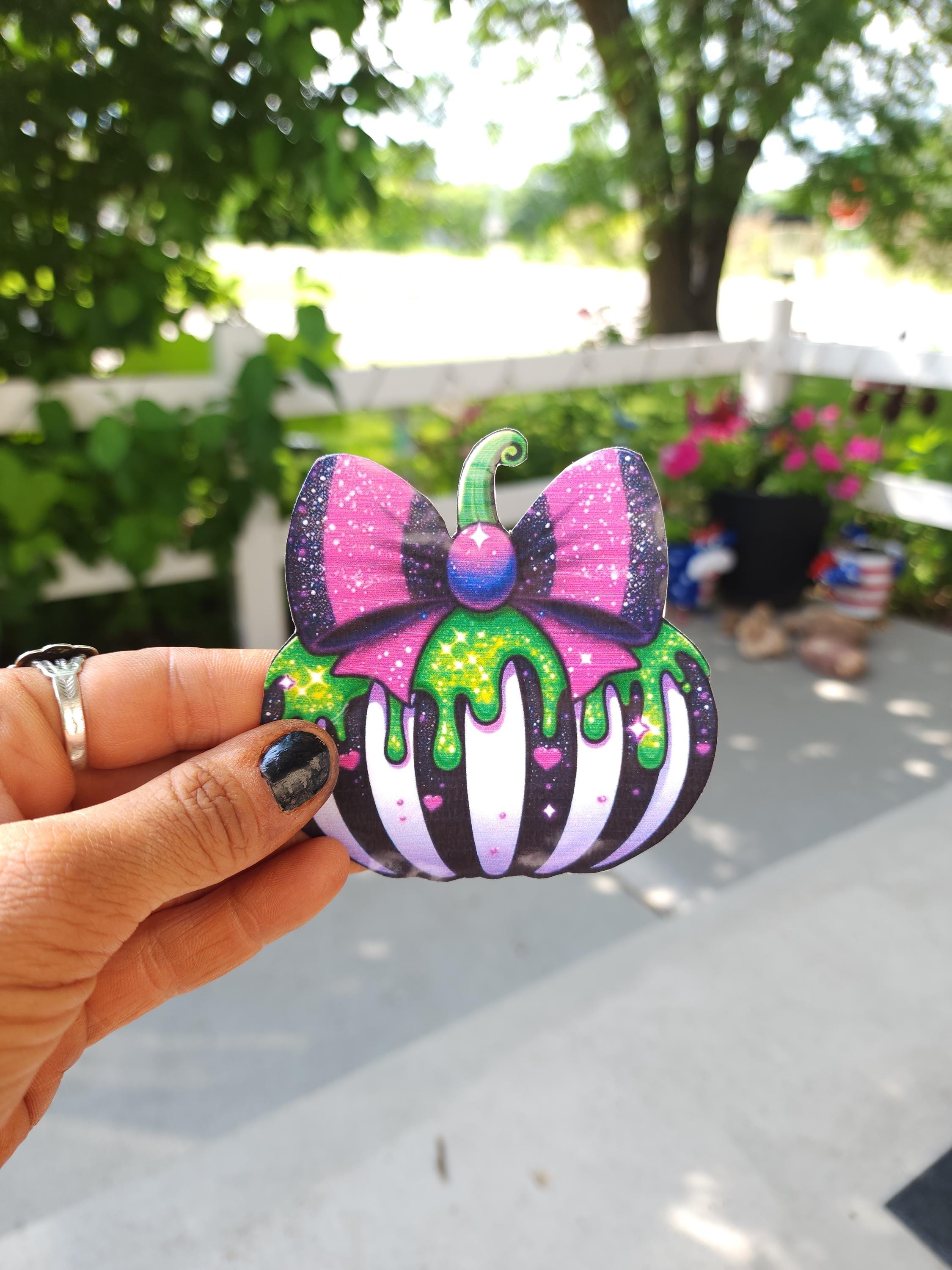 Toxic Glam Gourd – 3x3 Creepy Cute Vinyl Sticker | White, Black & Purple Striped Pumpkin Dripping in Slime Green Ooze | Spooky Halloween - Thumbnail 4