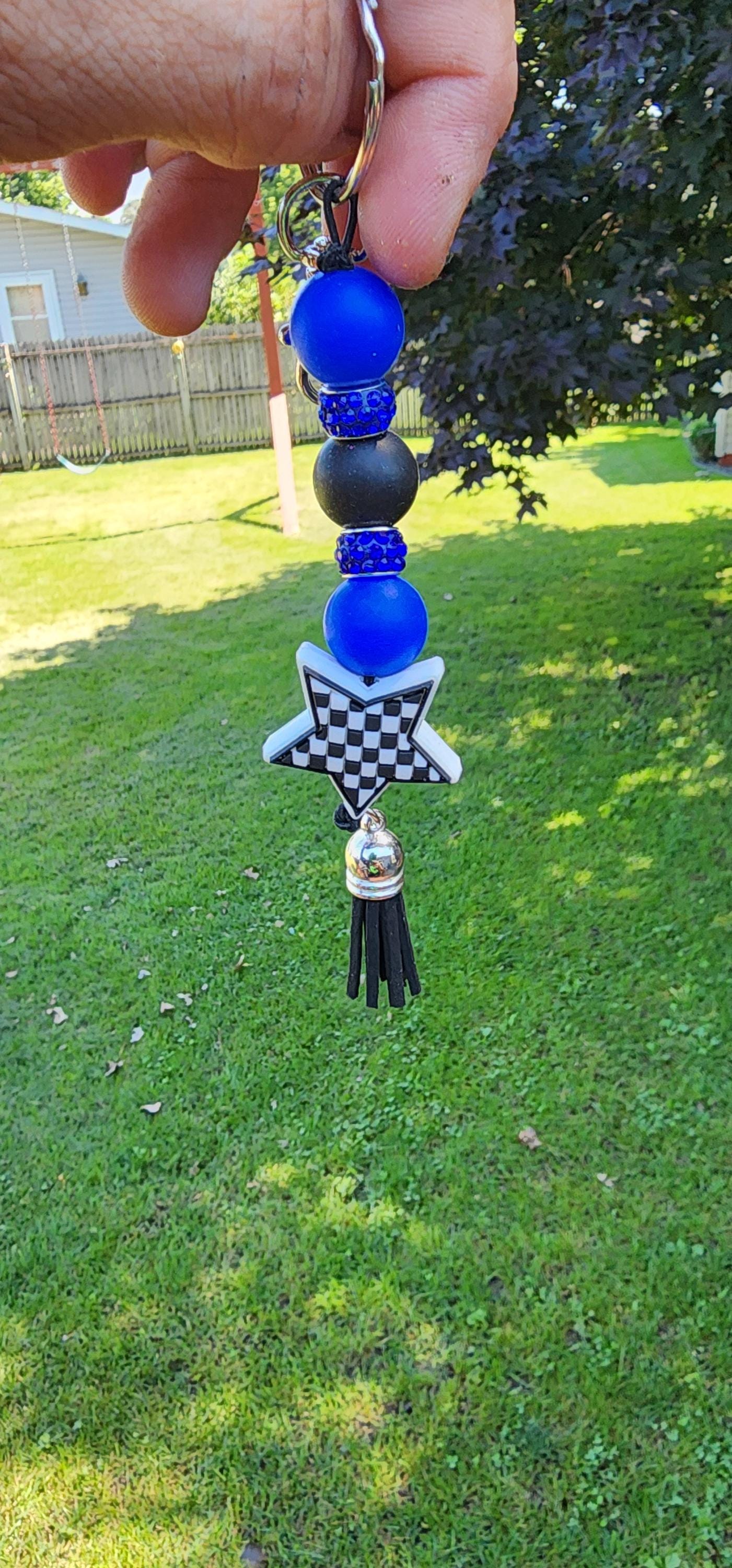 Black & Blue Beaded Keychain: Checkered Star - Handmade Funky Style - Thumbnail 6