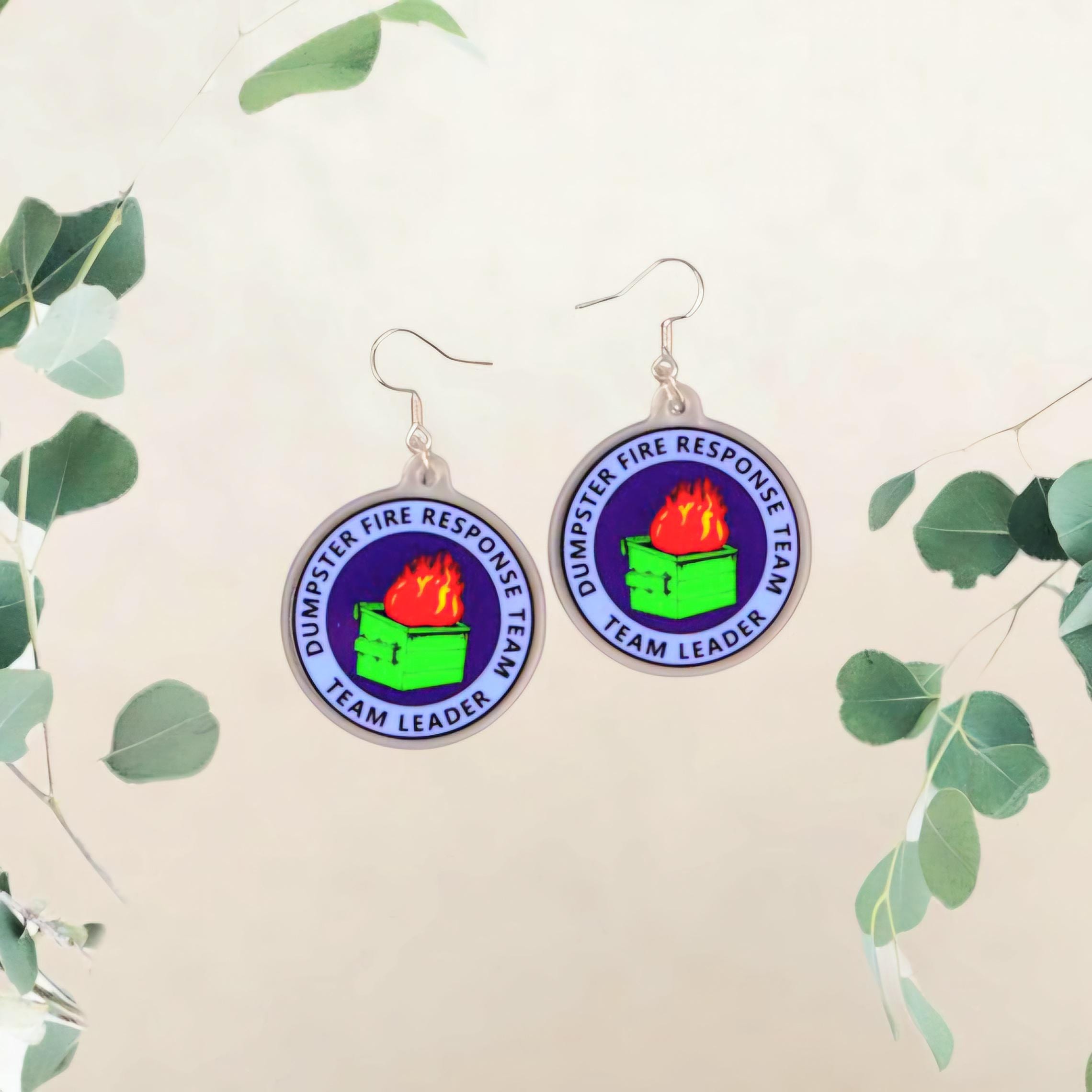 Dumpster Fire Response Team Earrings: Funny Acrylic Dangle Jewelry - Thumbnail 3