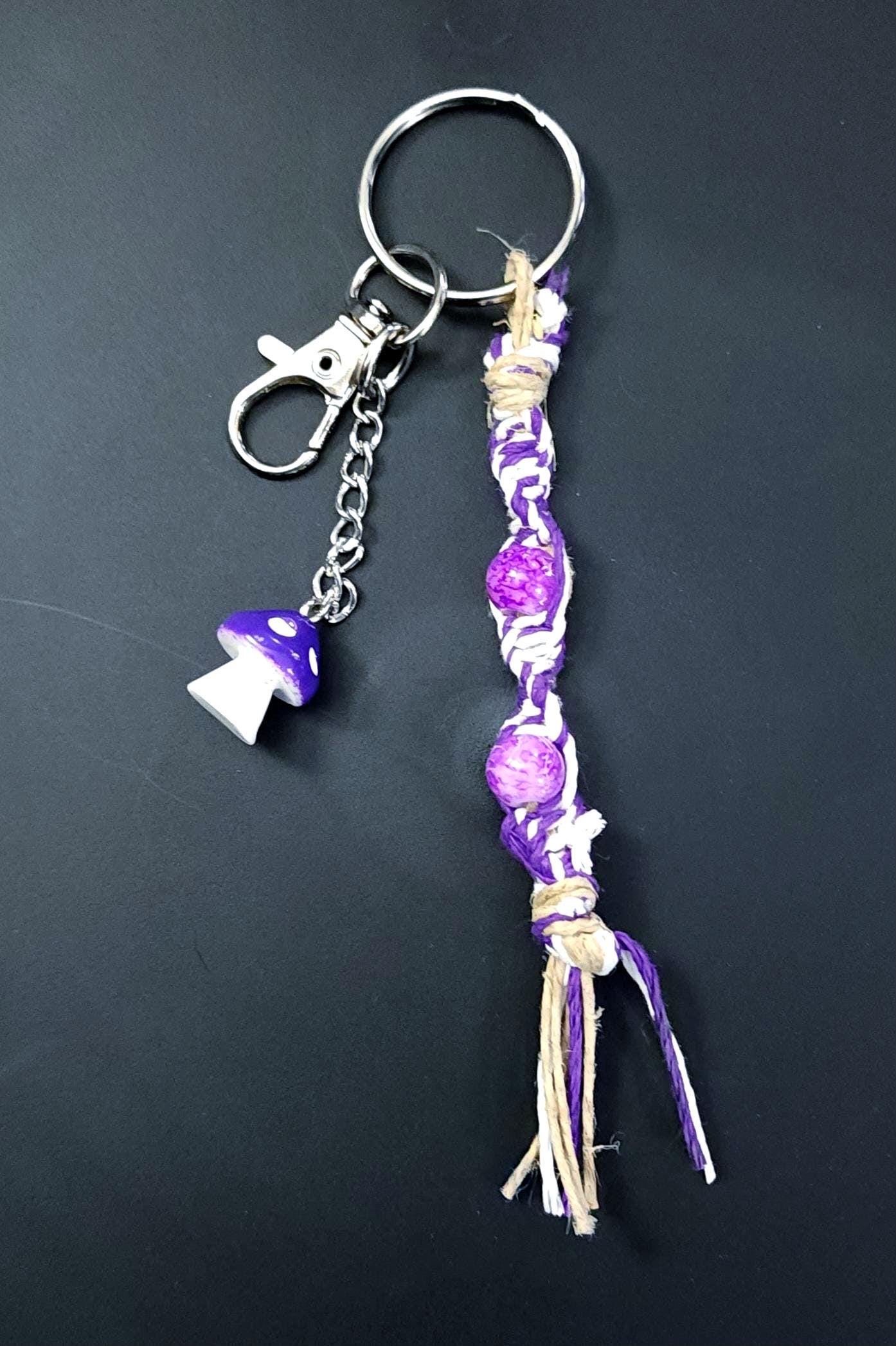 Handmade Hemp Keychain: Purple Mushroom Charm with Glass Beads - Thumbnail 3