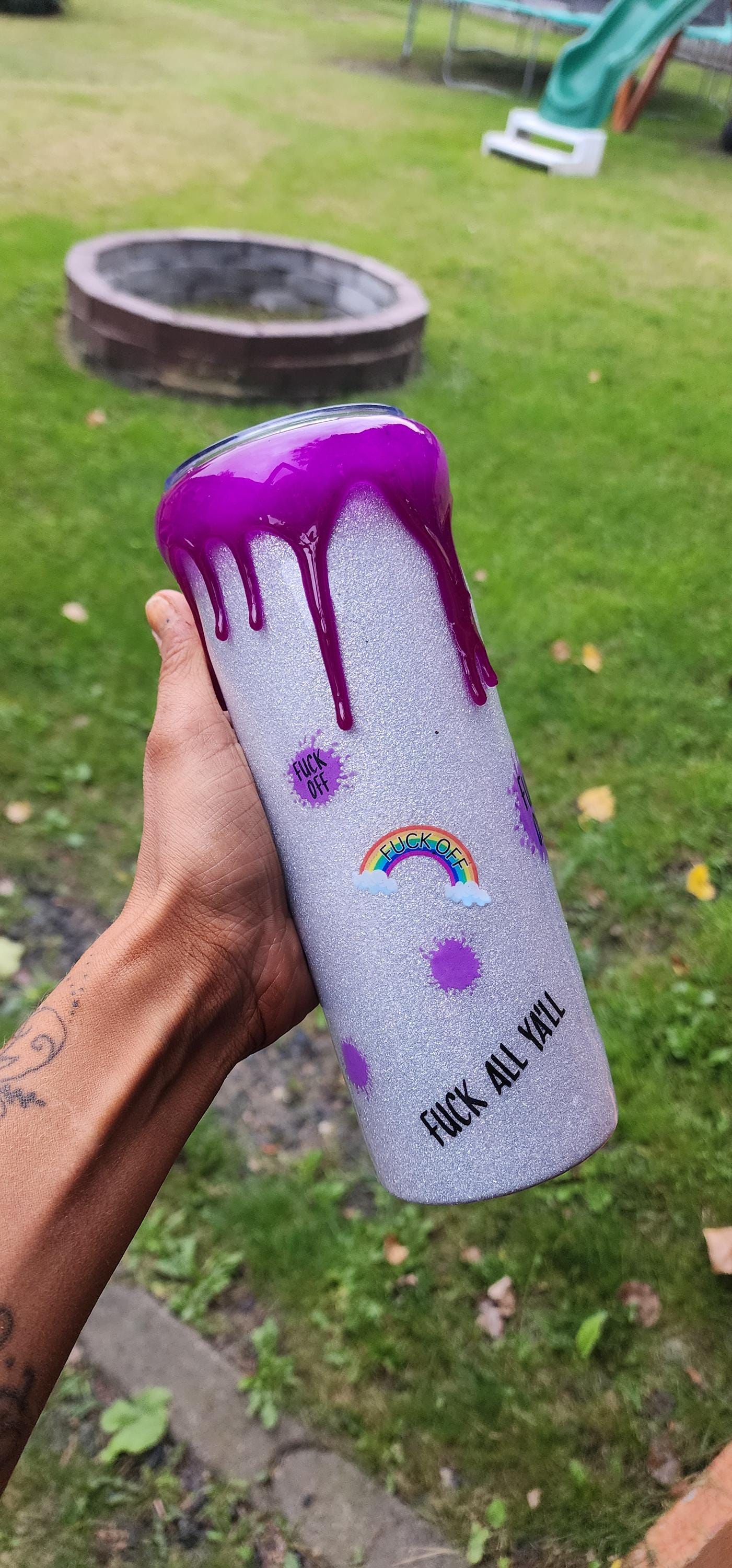 Purple Swear Bear Epoxy Tumbler: Snarky Glitter "Fuck Off" Cup - Thumbnail 4