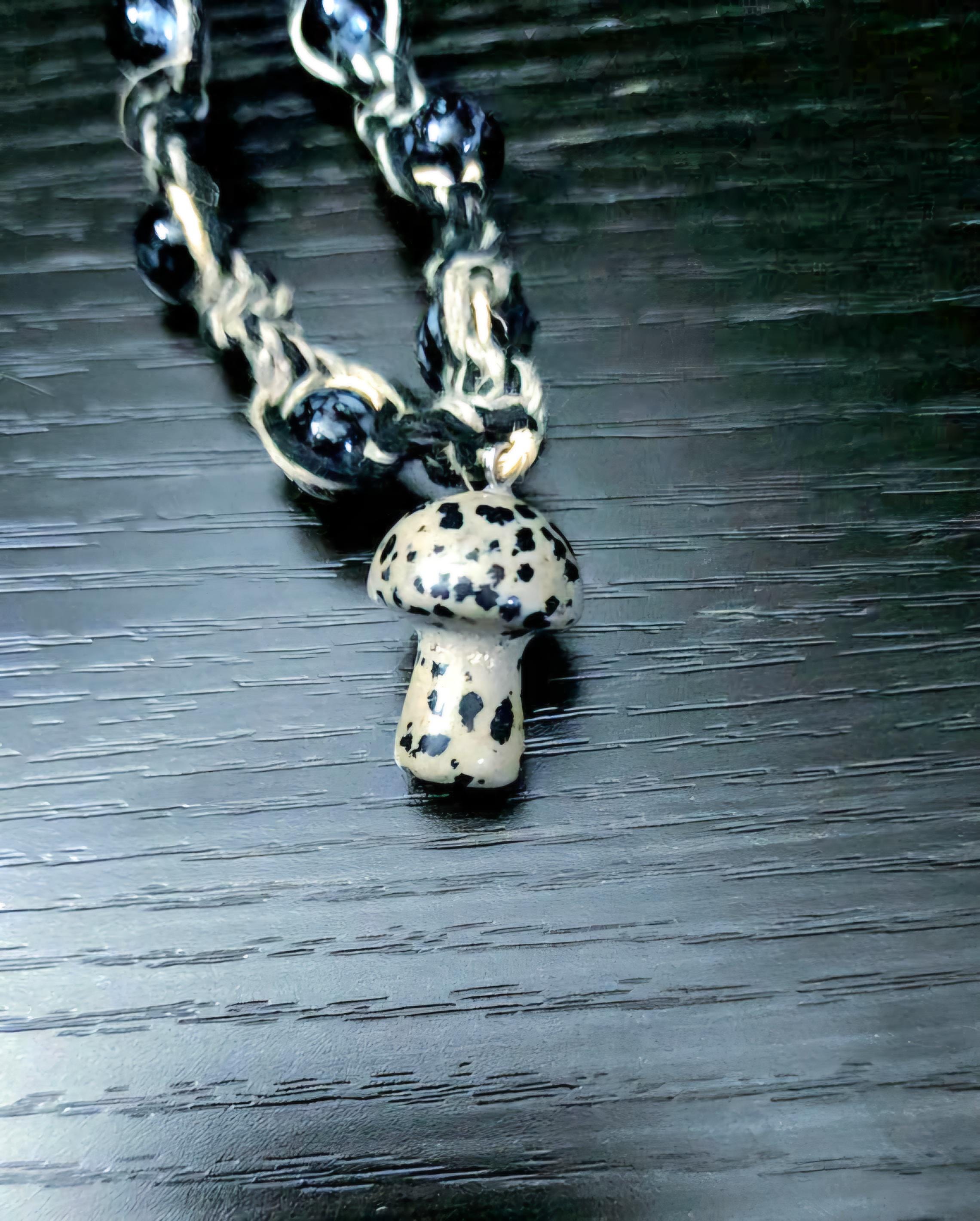 Handmade Hemp Necklace: Tan & Black Cord with Glass Mushroom Bead - Thumbnail 6
