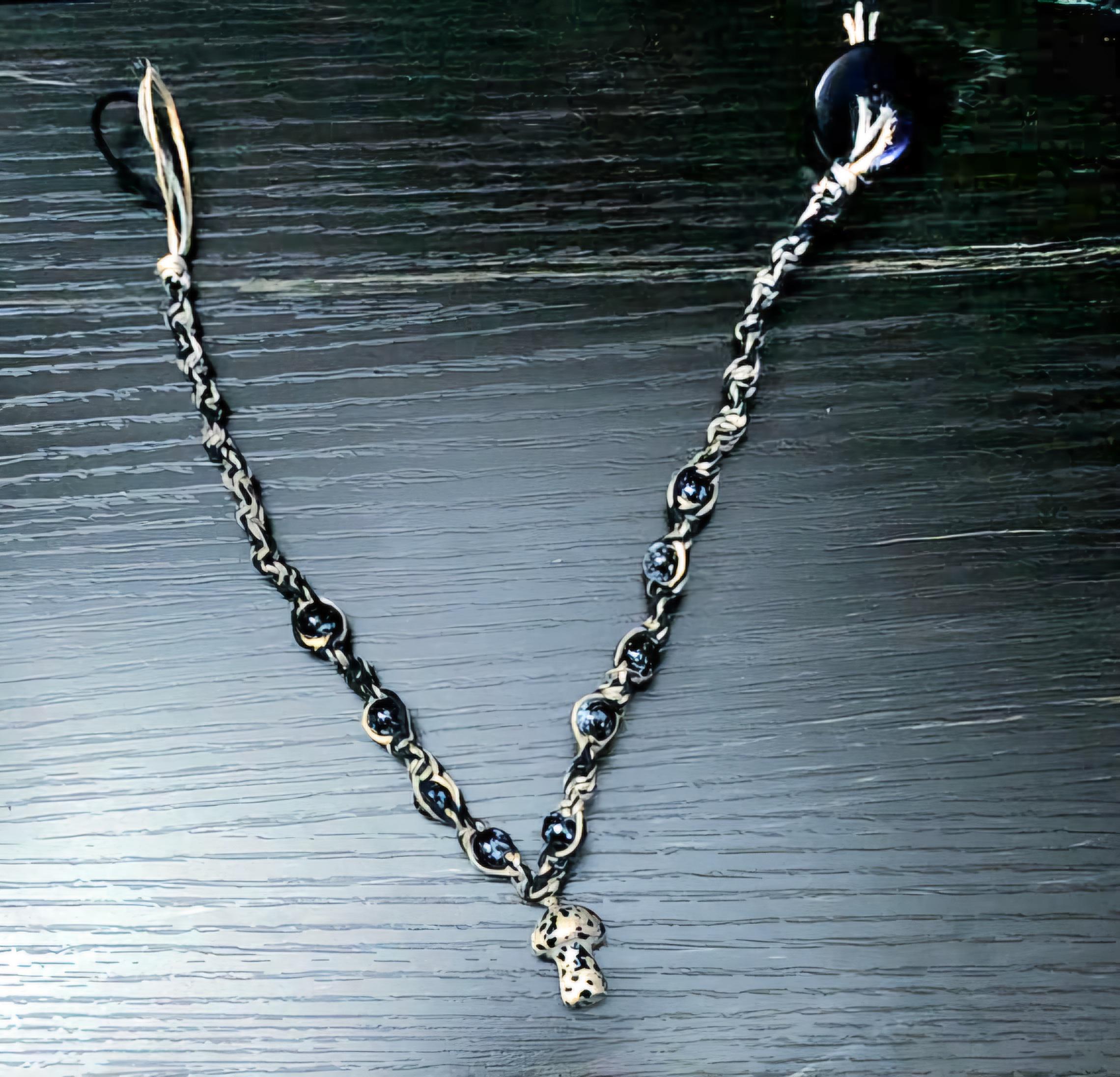 Handmade Hemp Necklace: Tan & Black Cord with Glass Mushroom Bead - Thumbnail 5