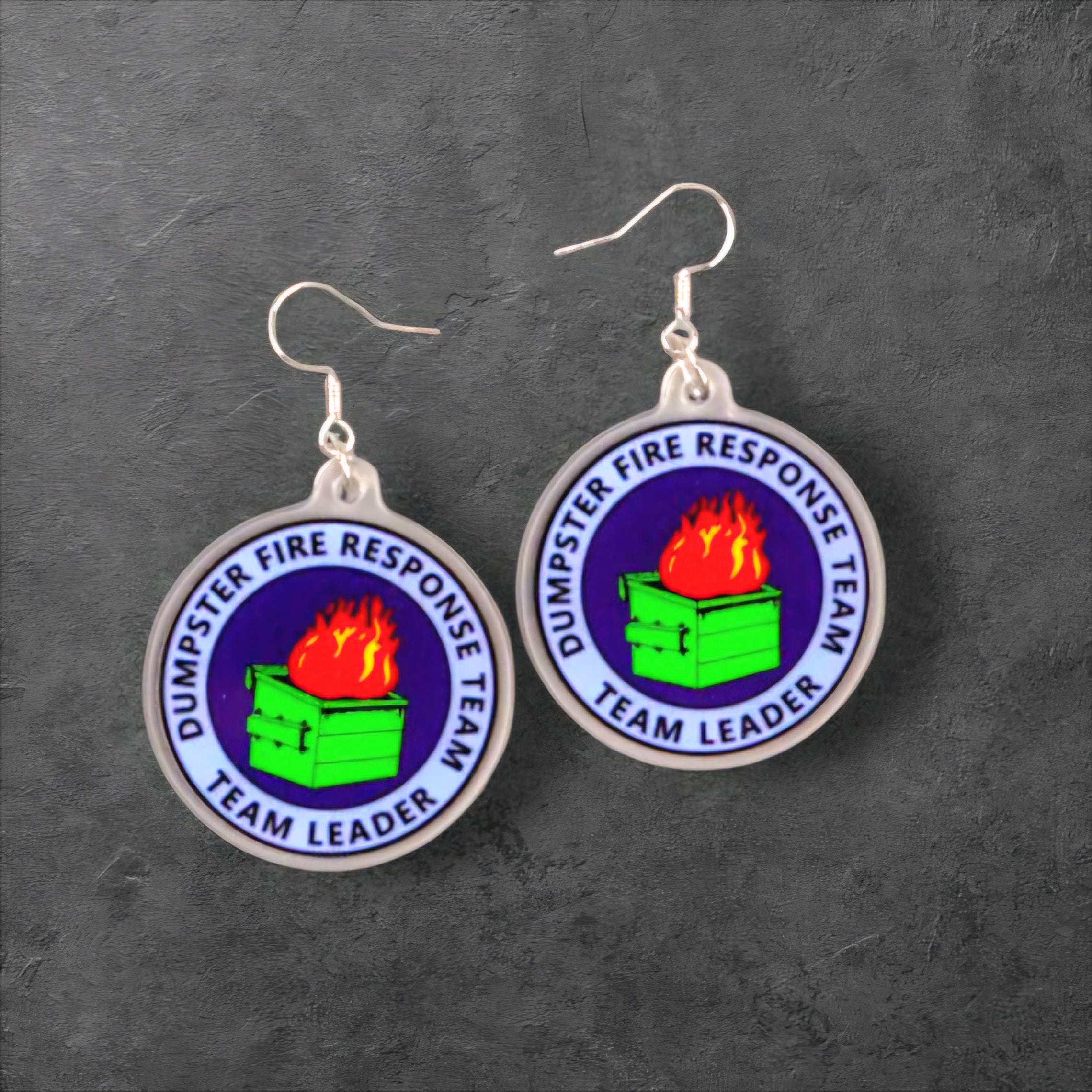 Dumpster Fire Response Team Earrings: Funny Acrylic Dangle Jewelry - Thumbnail 5