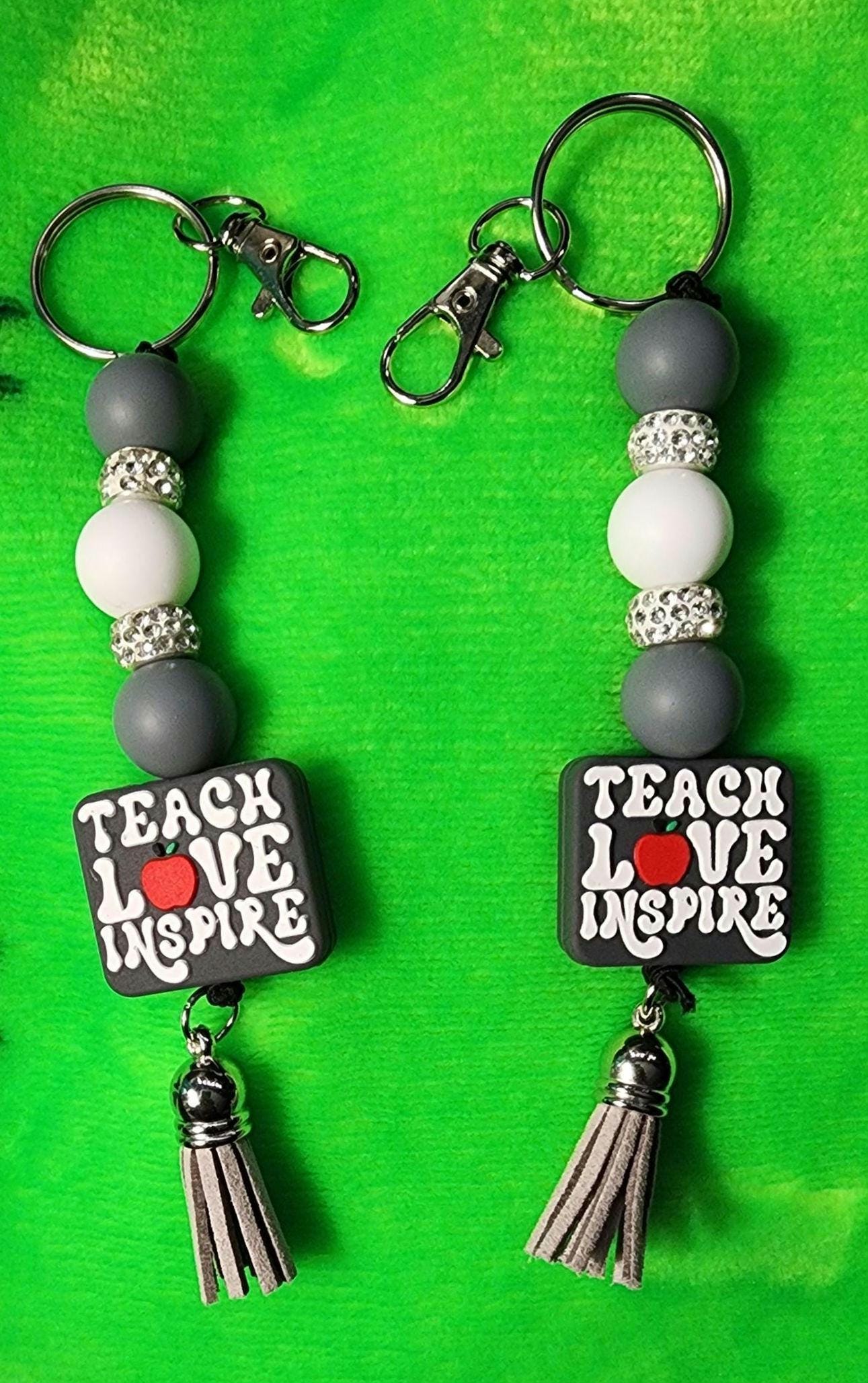 Gray & White Beaded Keychain – “Teach, Love, Inspire” Teacher appreciation| Positive Quote Keychain, Bag Charm - Thumbnail 4