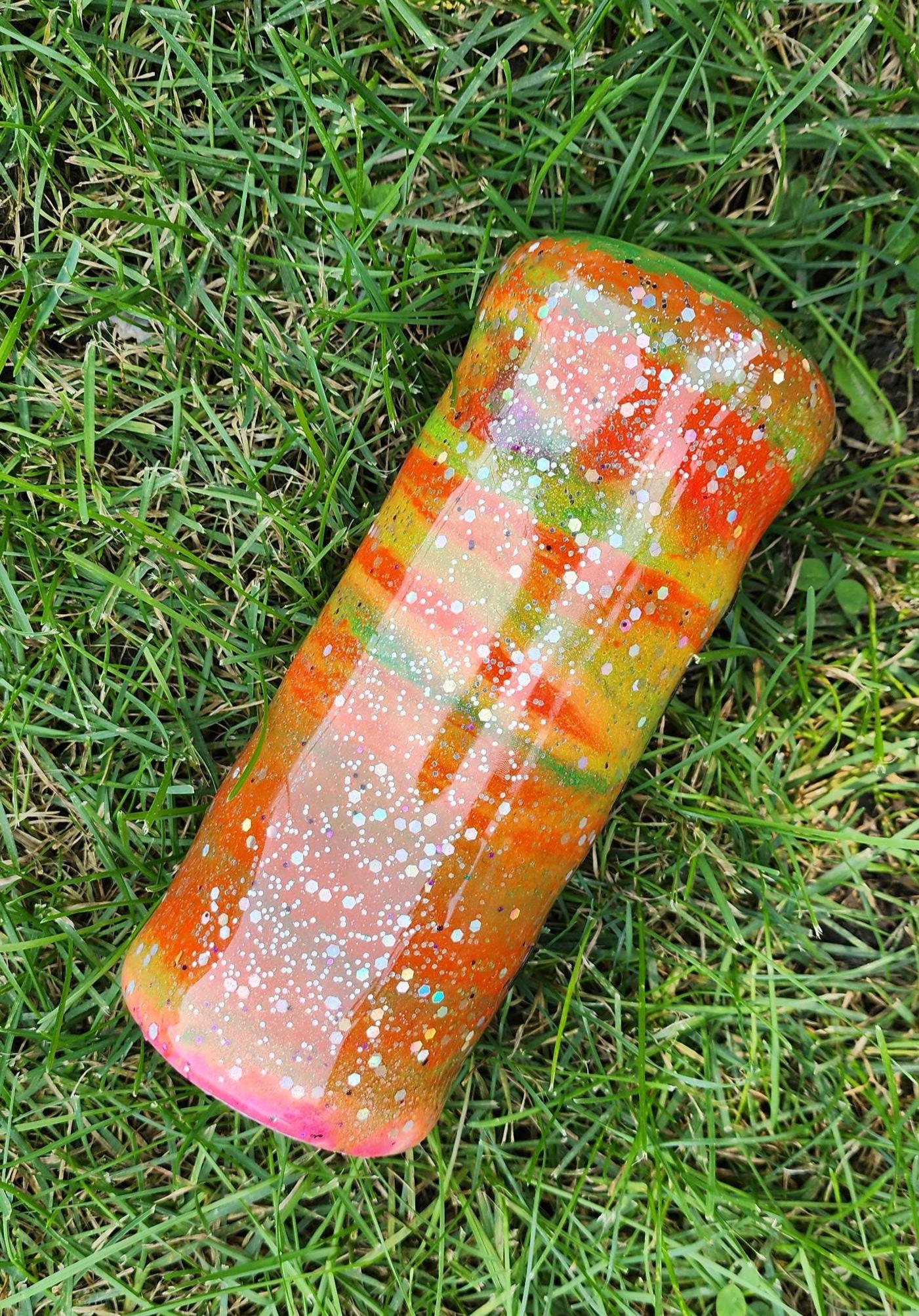 Tie-Dye Attitude Cup – Orange, Pink & Green Glitter Epoxy Tumbler | ‘Fuck Off’ Custom Drinkware - Thumbnail 3