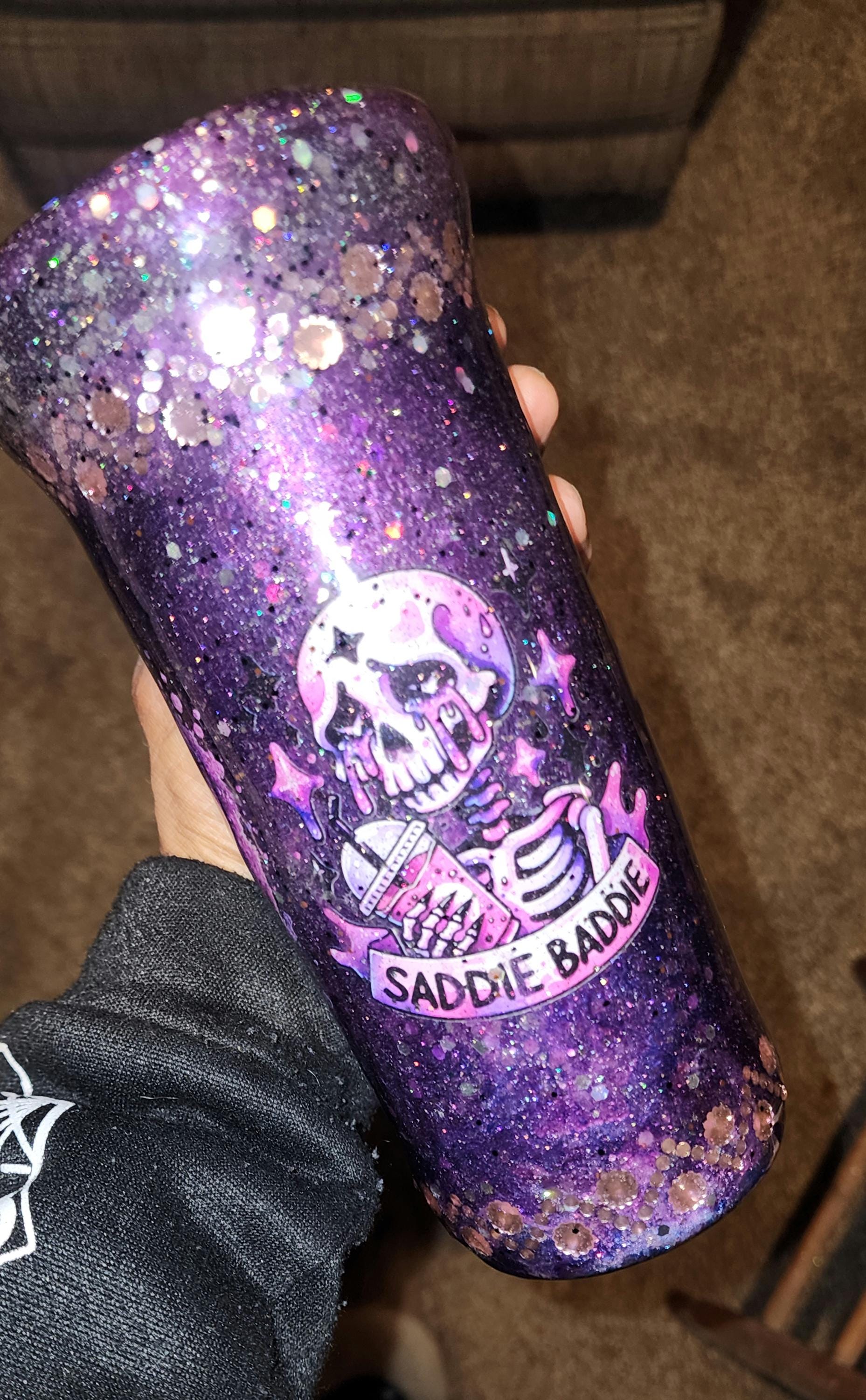 Purple Glitter Skeleton Tumbler: Spooky Goth Drinkware - Thumbnail 7