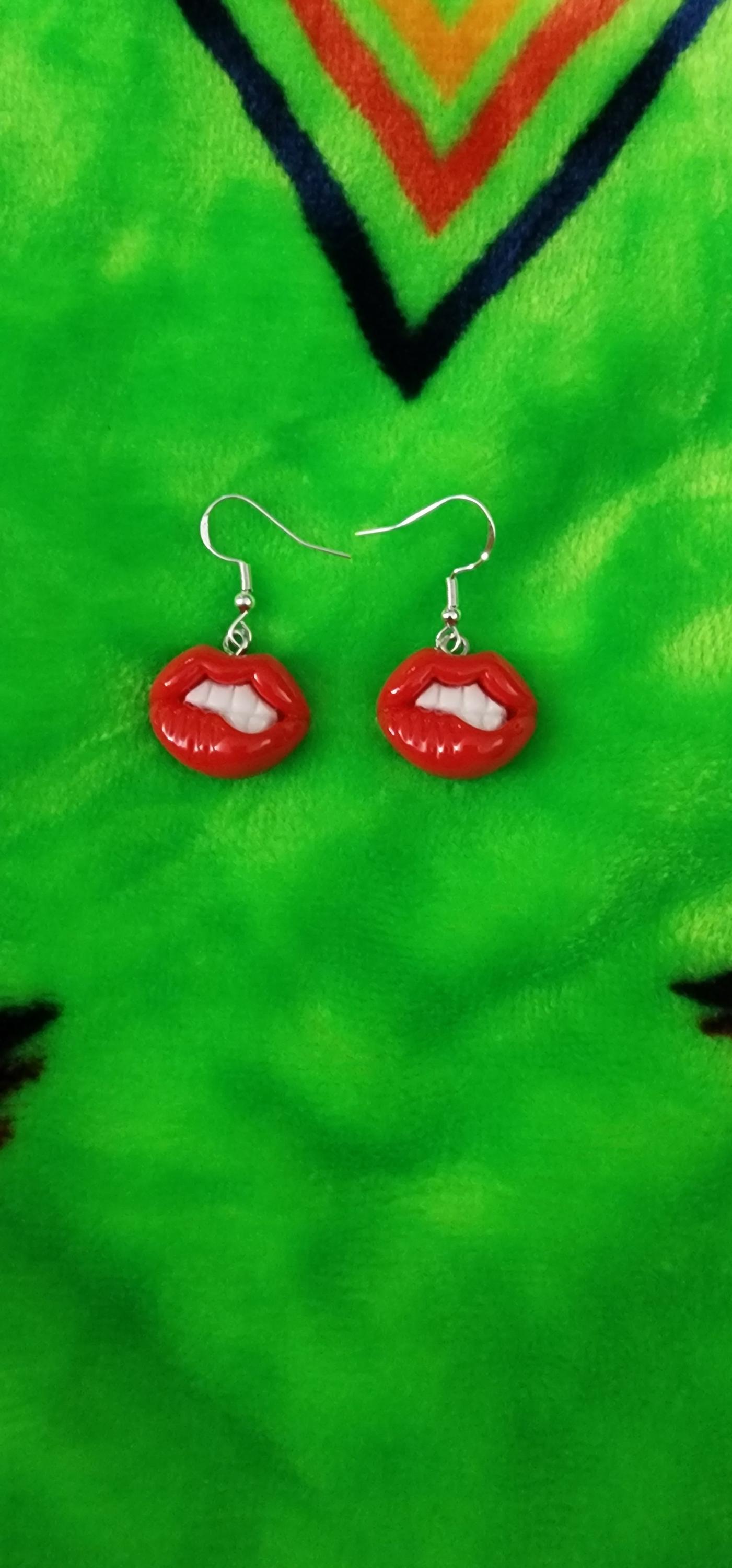 Playful Biting Lip Earrings: Handmade Polymer Clay Dangle Jewelry - Thumbnail 6