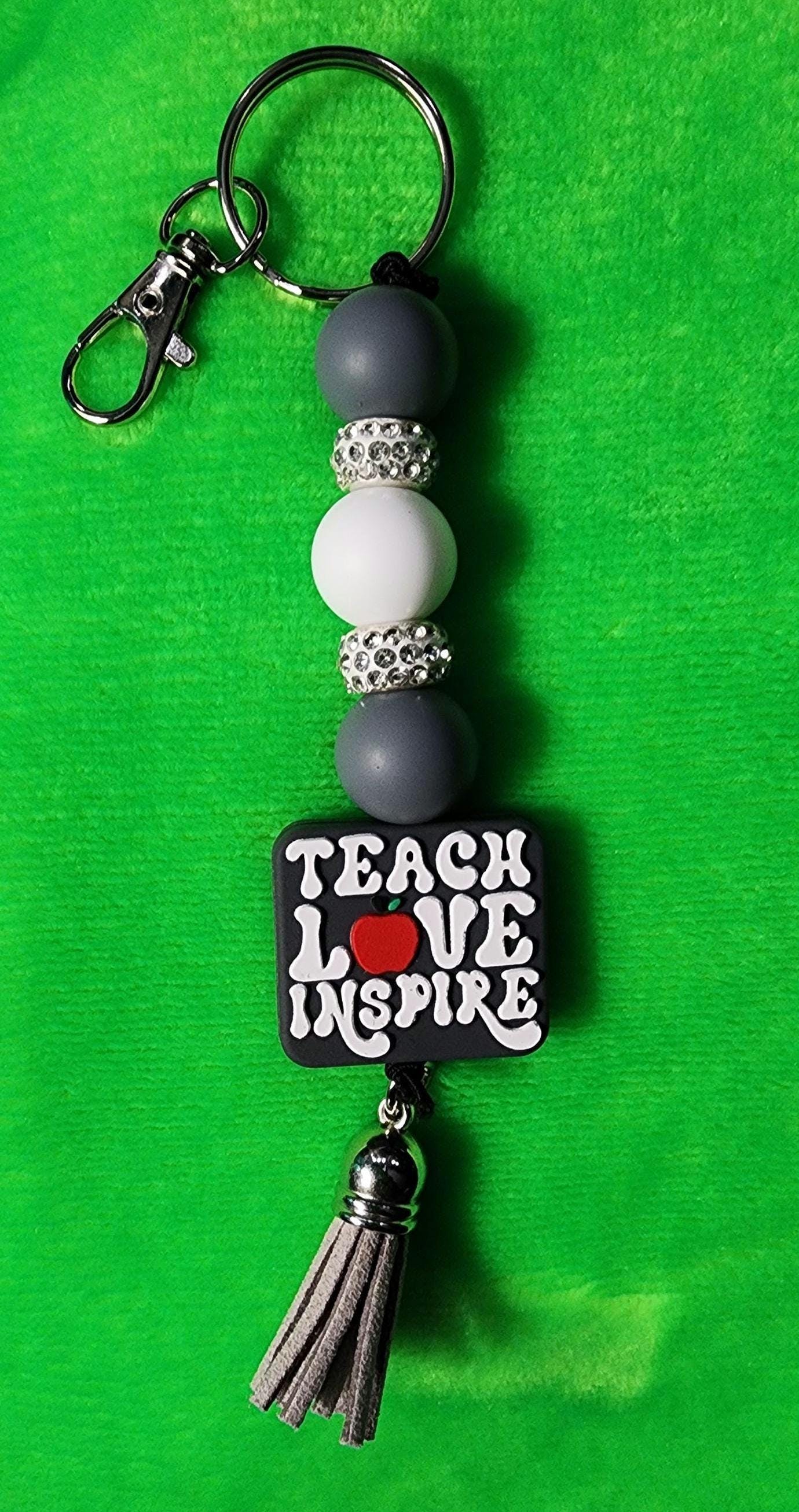 Gray & White Beaded Keychain – “Teach, Love, Inspire” Teacher appreciation| Positive Quote Keychain, Bag Charm - Thumbnail 3