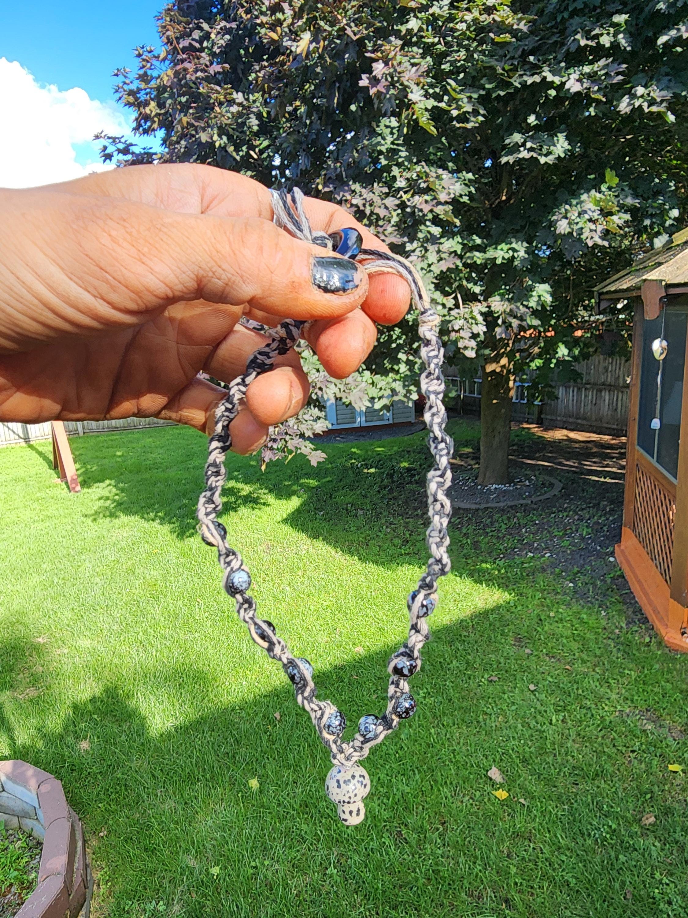 Handmade Hemp Necklace: Tan & Black Cord with Glass Mushroom Bead - Thumbnail 3
