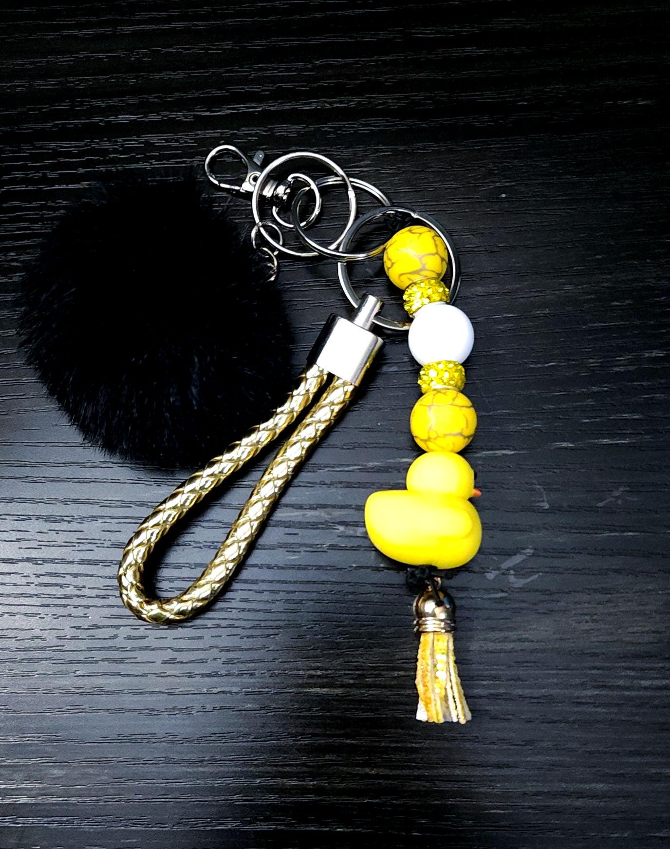 Duck Keychain Wrist Lanyard: Acrylic Charm & Faux Fur Pom Pom - Thumbnail 4