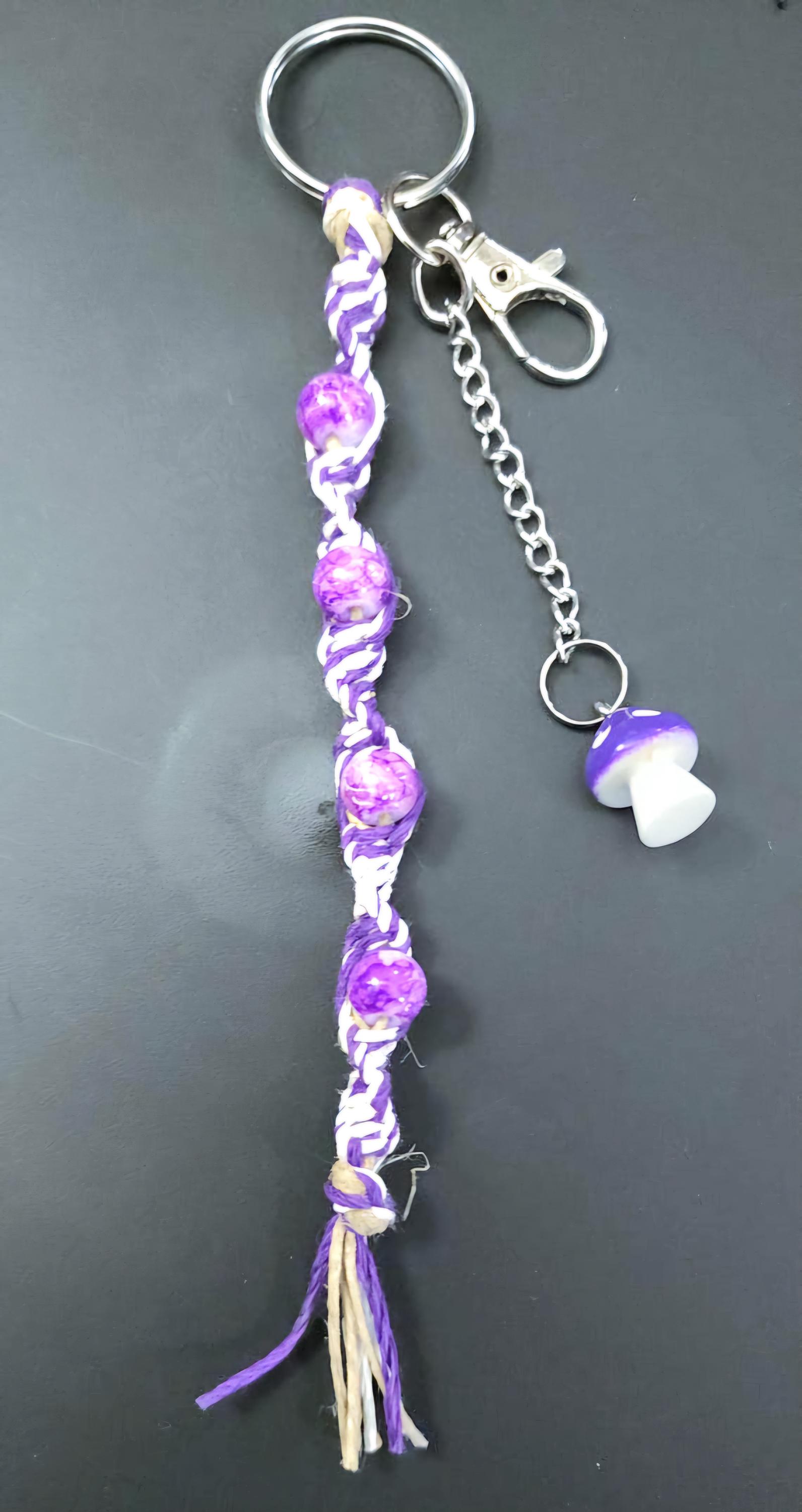 Handmade Hemp Keychain: Purple Mushroom Bead, Glass Beads - Thumbnail 2