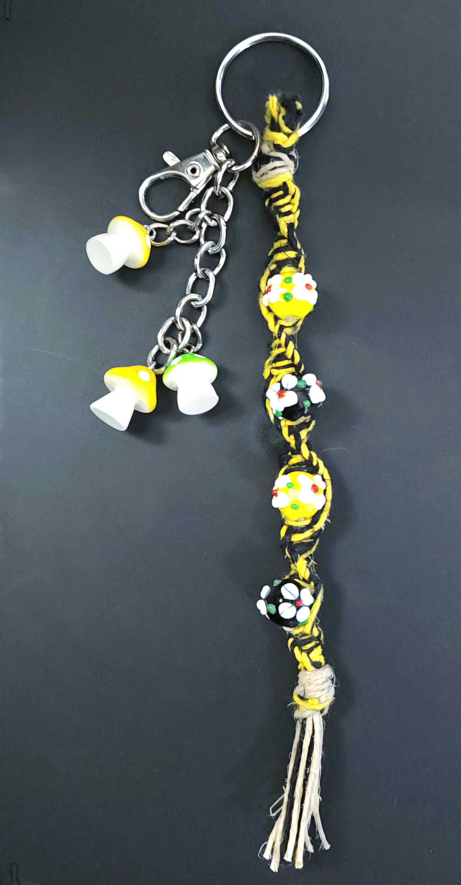 Handmade Hemp Keychain: Flower Beads and Mushroom Charms