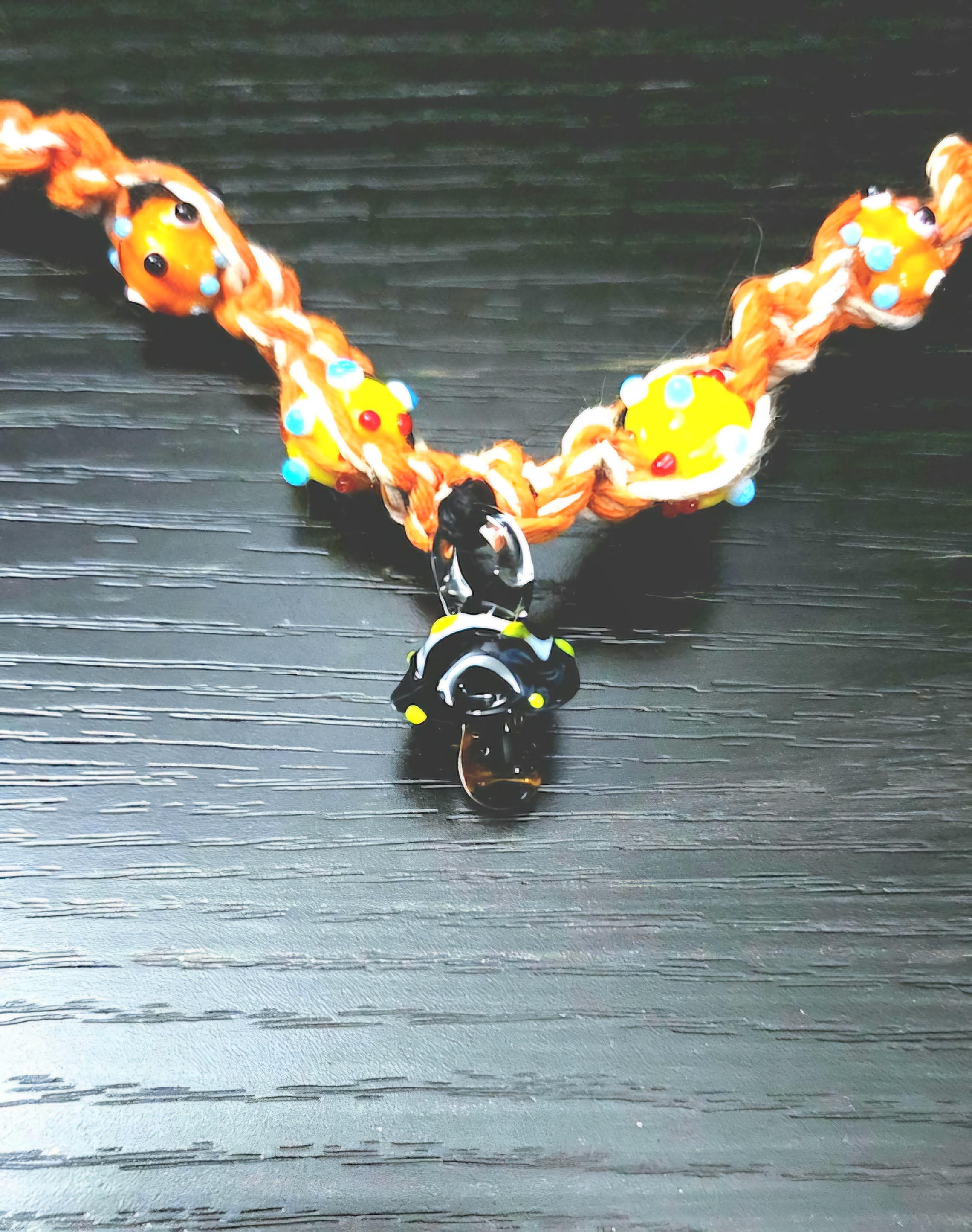 Handmade Hemp Necklace: Black Mushroom Glass Bead, Boho Nature Jewelry - Thumbnail 5