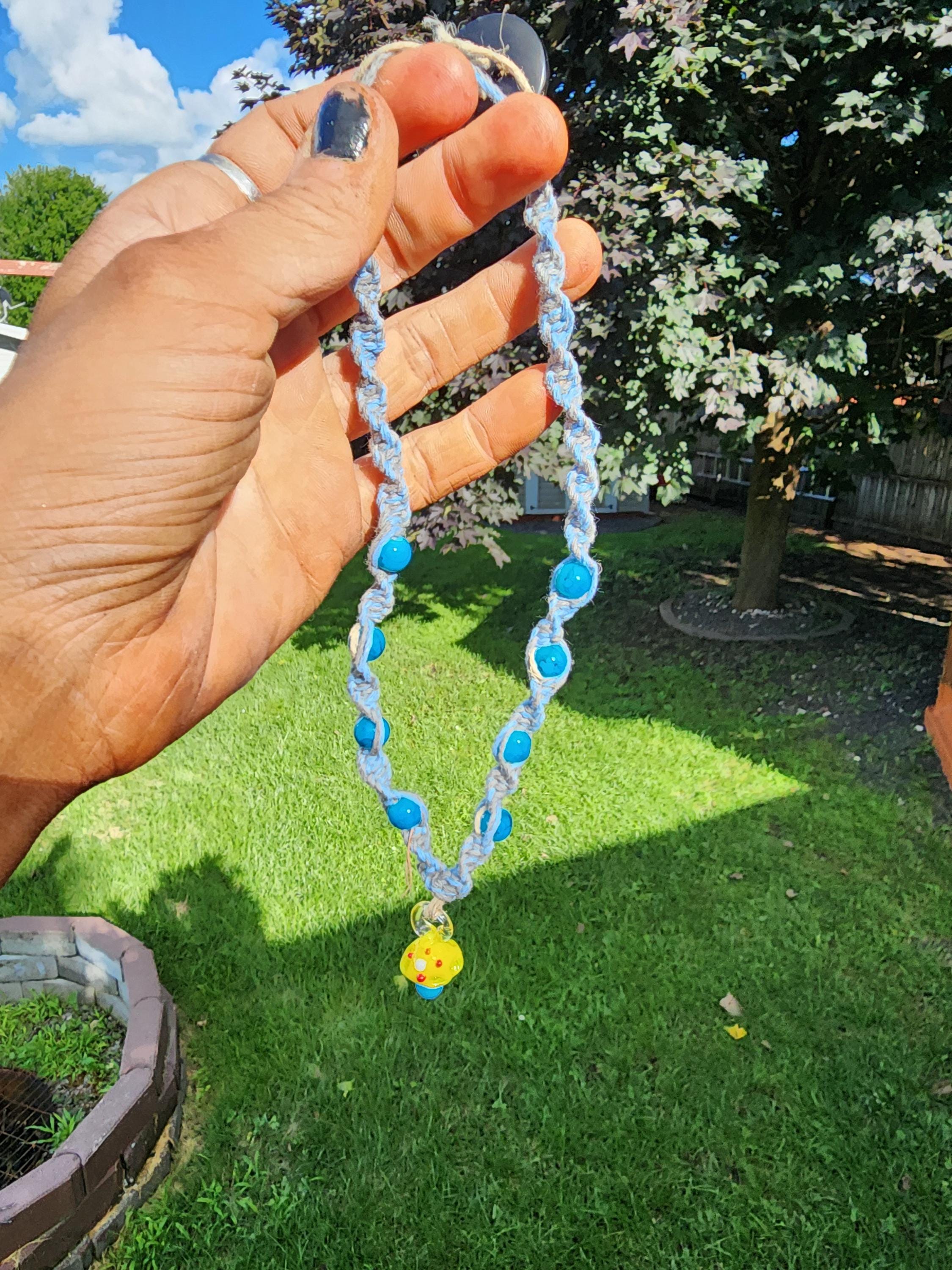 Hemp Necklace: Boho Light Blue Gray Cord with Glass Mushroom Bead - Thumbnail 2