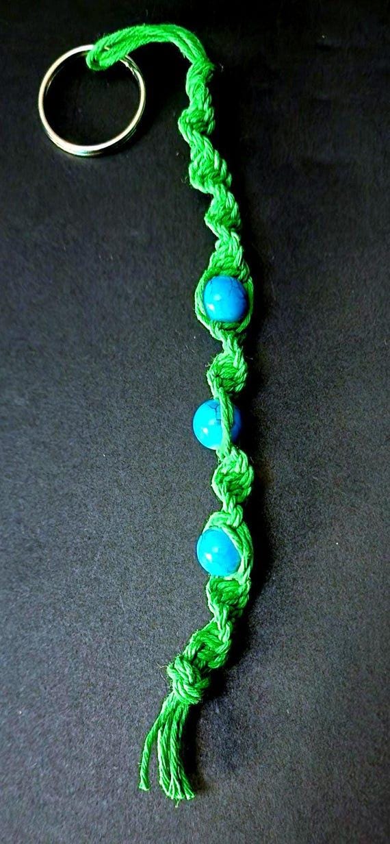 Handmade Green Hemp Keychain with Blue Beads - Thumbnail 4