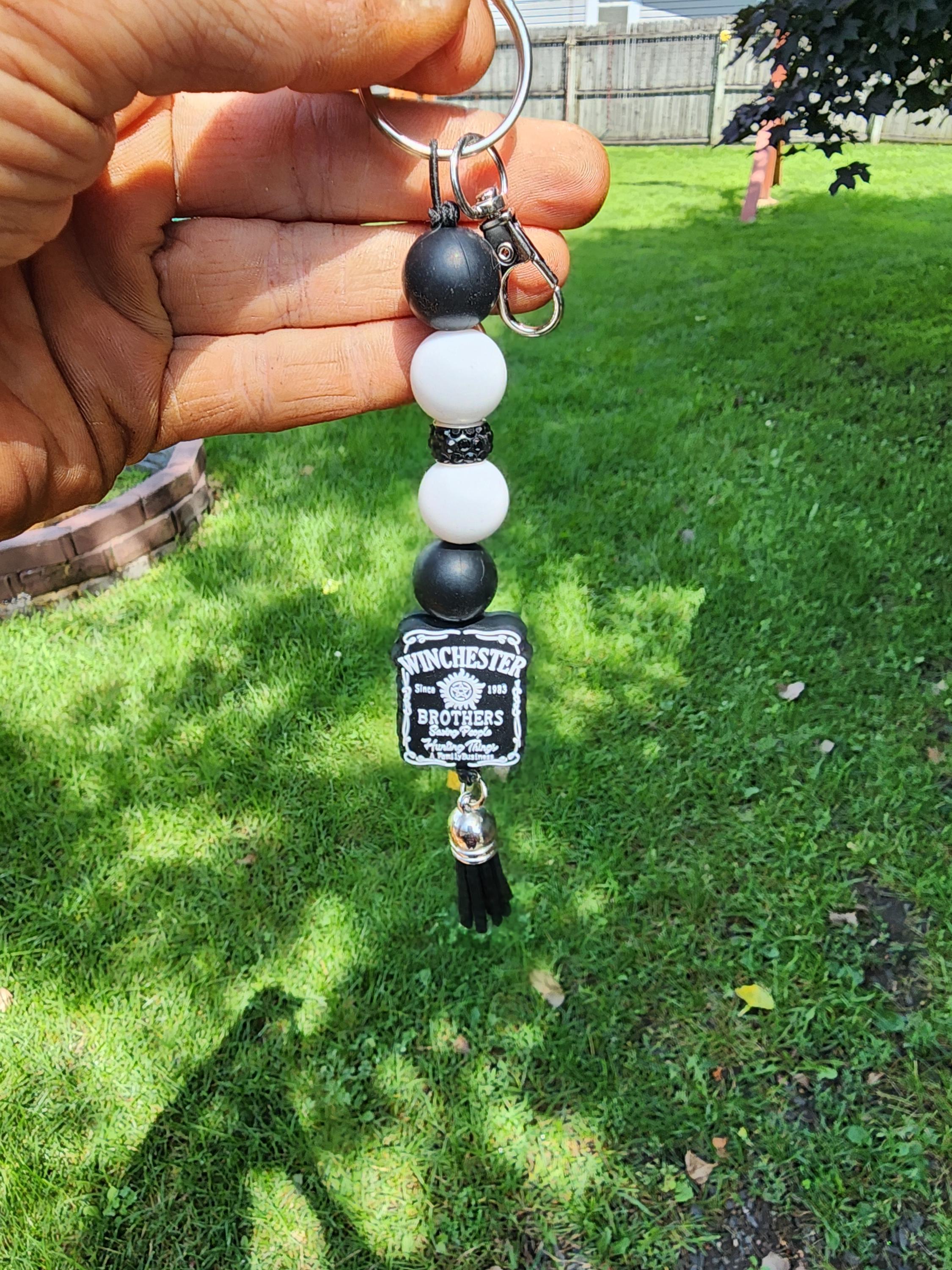 Winchester Brothers Keychain: Black & White Beaded Supernatural Charm - Thumbnail 4