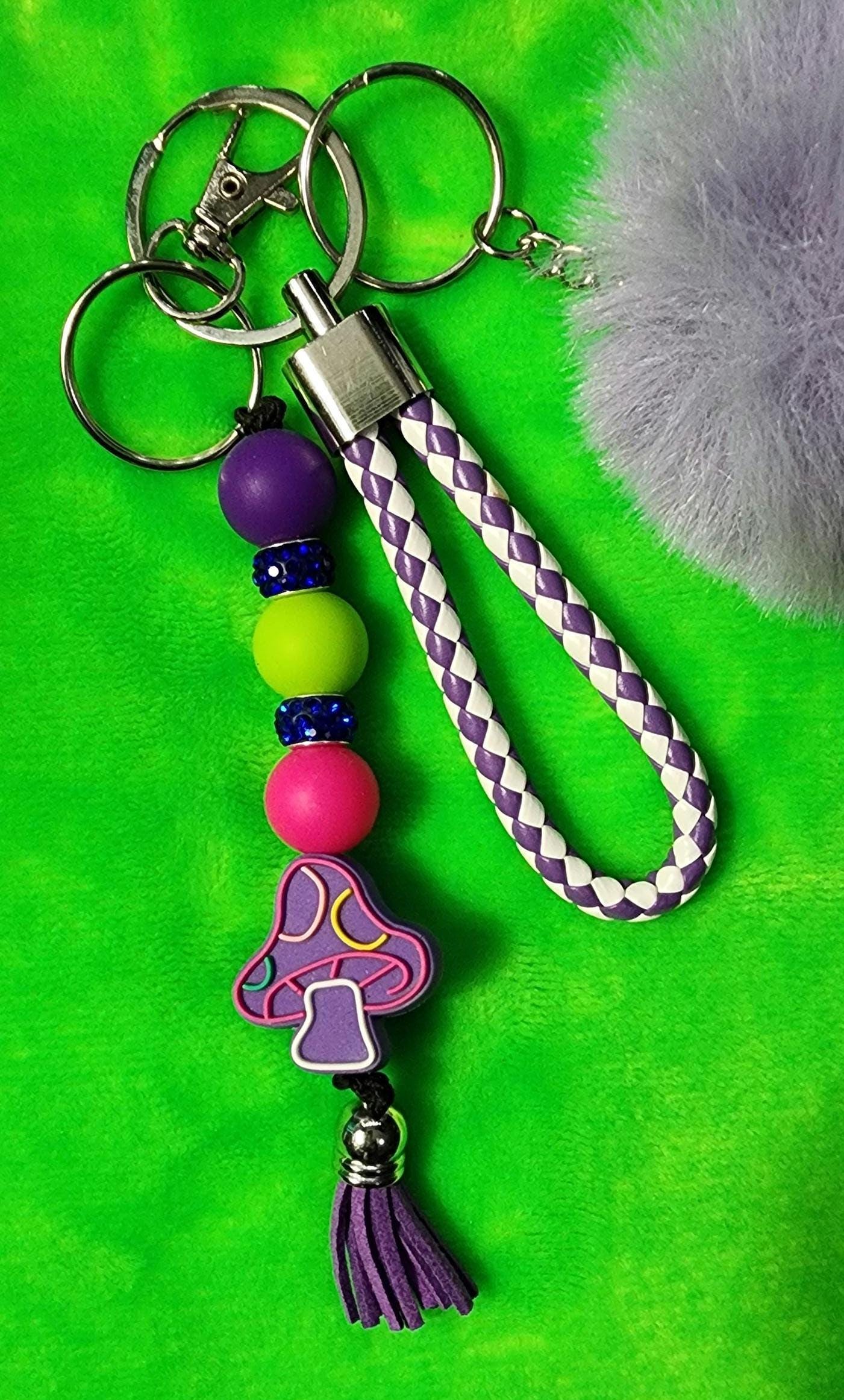 Purple Mushroom Set, Cottagecore Keychain with Lanyard & Pom for Mushroom Lovers - Thumbnail 6