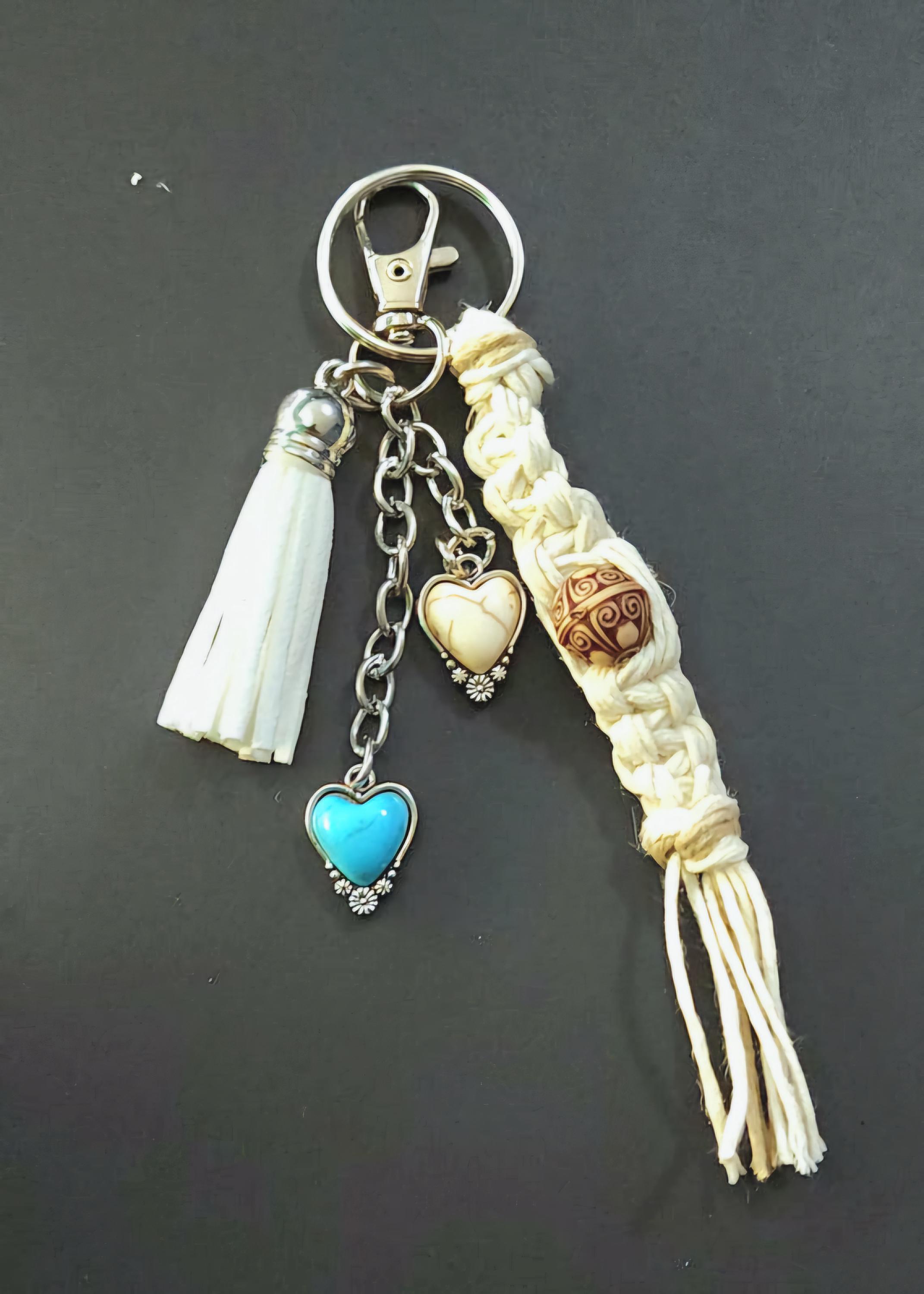 Handmade Hemp Keychain: Heart Charms & Glass Beads - Thumbnail 2