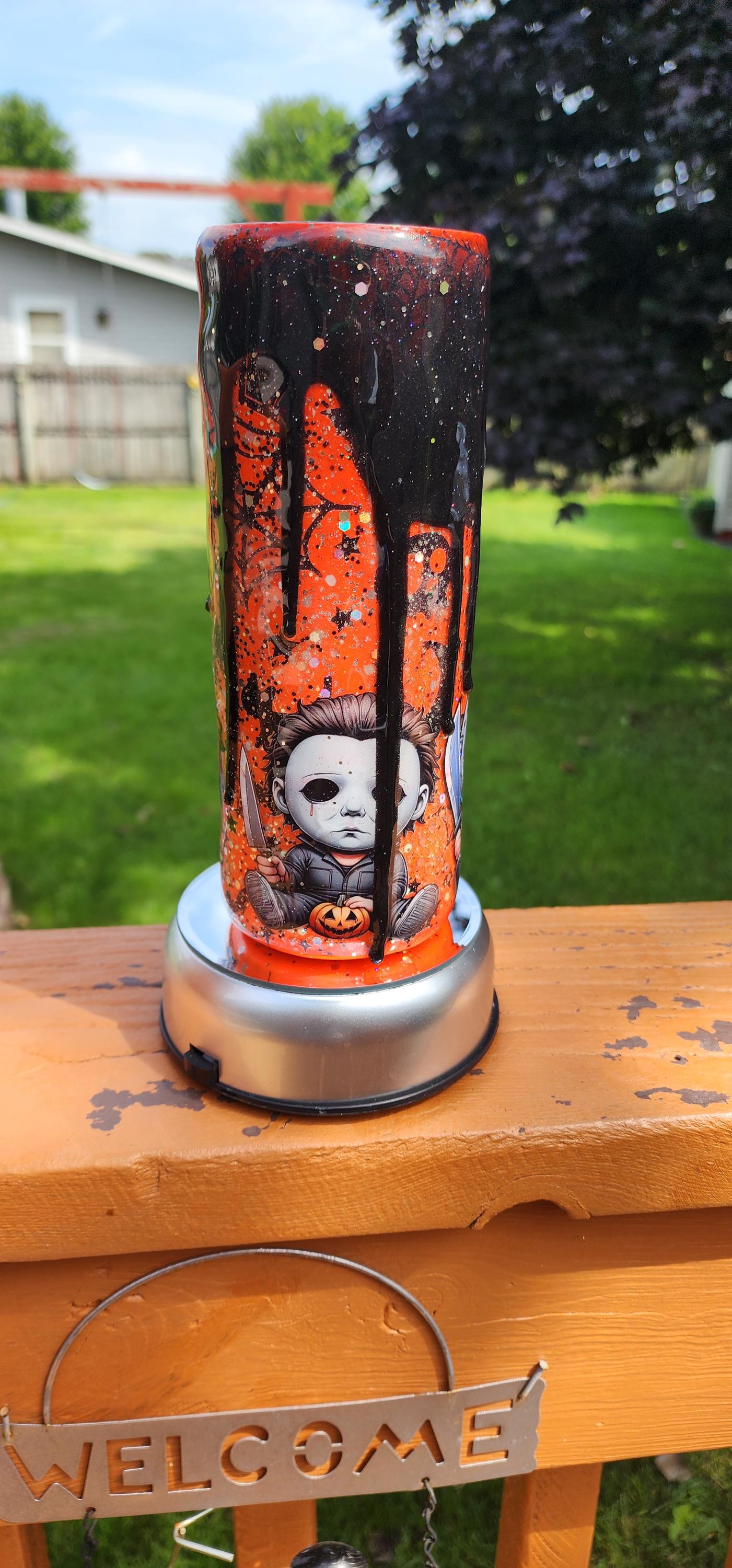 Orange Drip Horror Tumbler: 20oz Halloween Glitter Epoxy Cup - Thumbnail 4