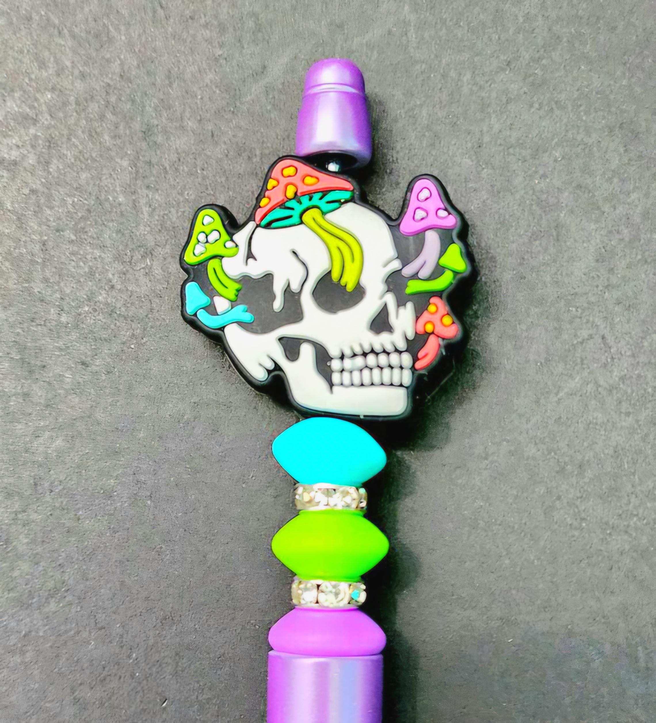 Skull + Mushroom Beaded Pen – Quirky Handmade Writing Tool for Those Who Don’t Do Boring - Thumbnail 6