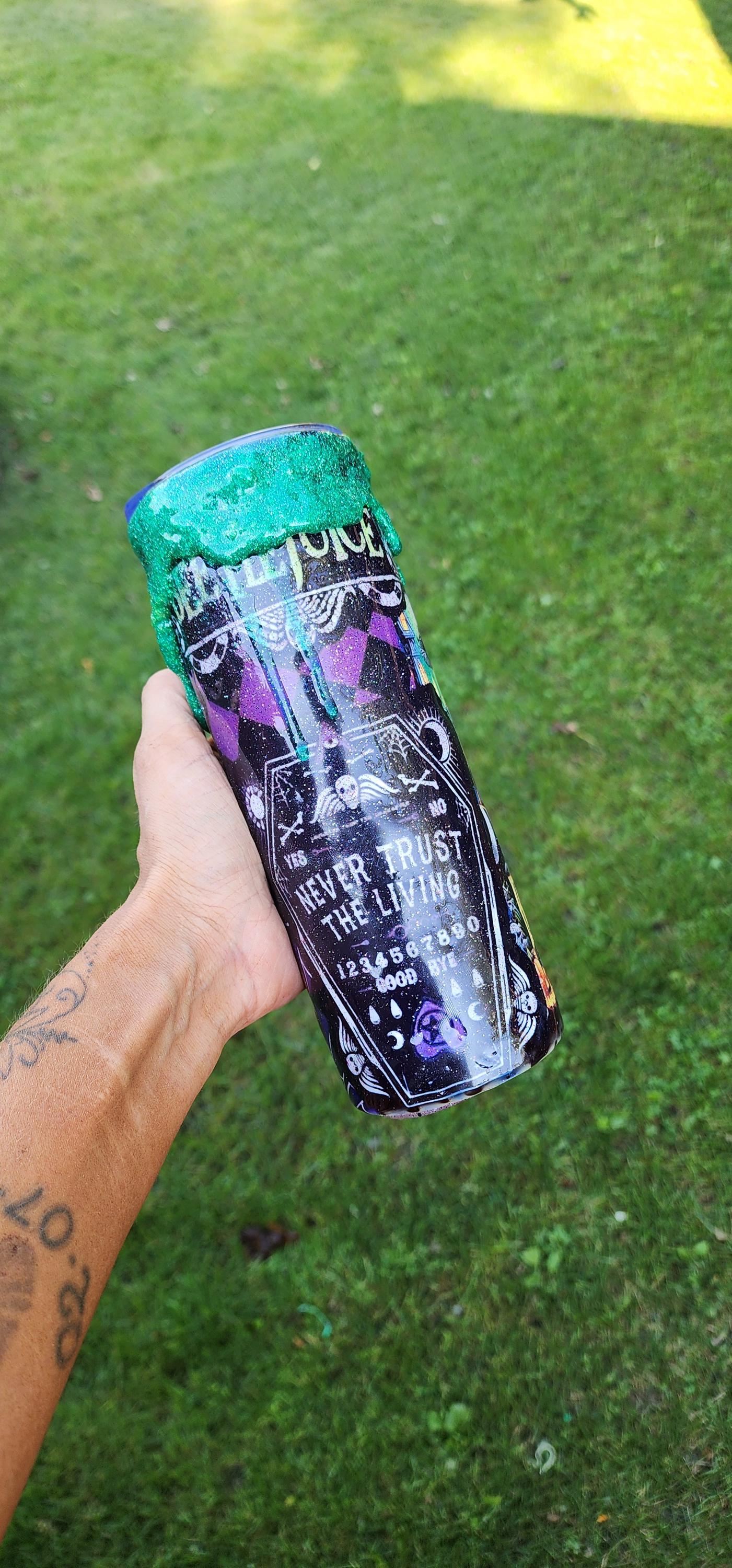 Never Trust the Living Beetlejuice Tumbler – 20oz Spooky Epoxy Drip Cup | Handmade Halloween Horror Drinkware - Thumbnail 2