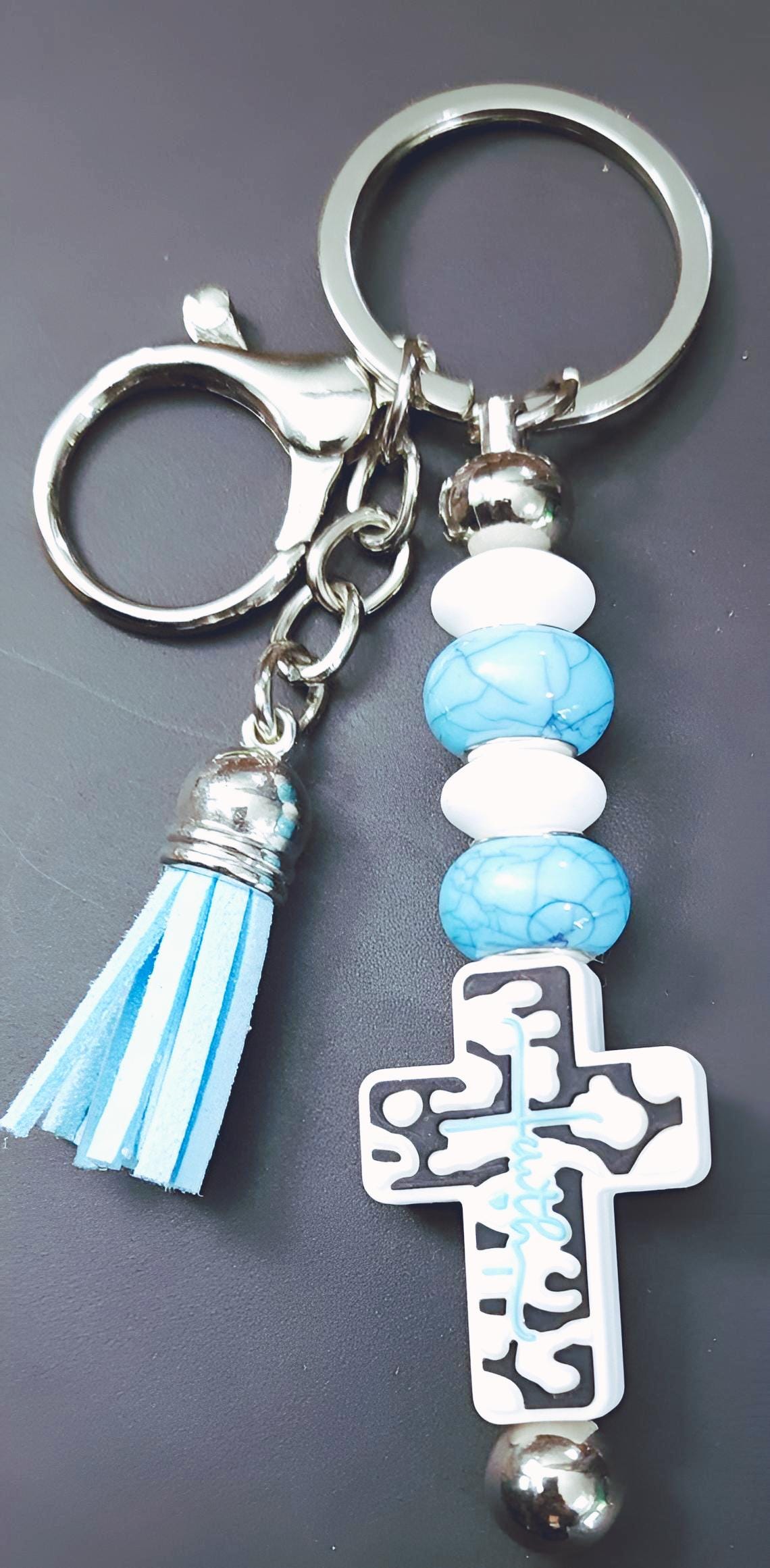 Handmade Faith Cross Keychain: Green Beaded Charm - Thumbnail 4