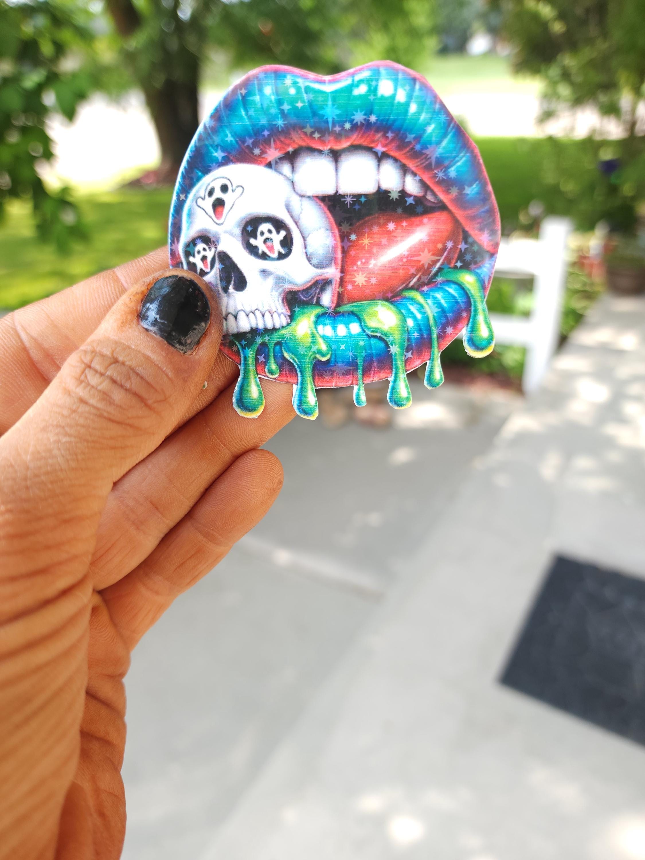 Kiss of Death – Blue & Green Lips with Skull Vinyl Sticker | Gothic Glam Aesthetic for Baddies, Weirdos and Rule Breakers - Thumbnail 6