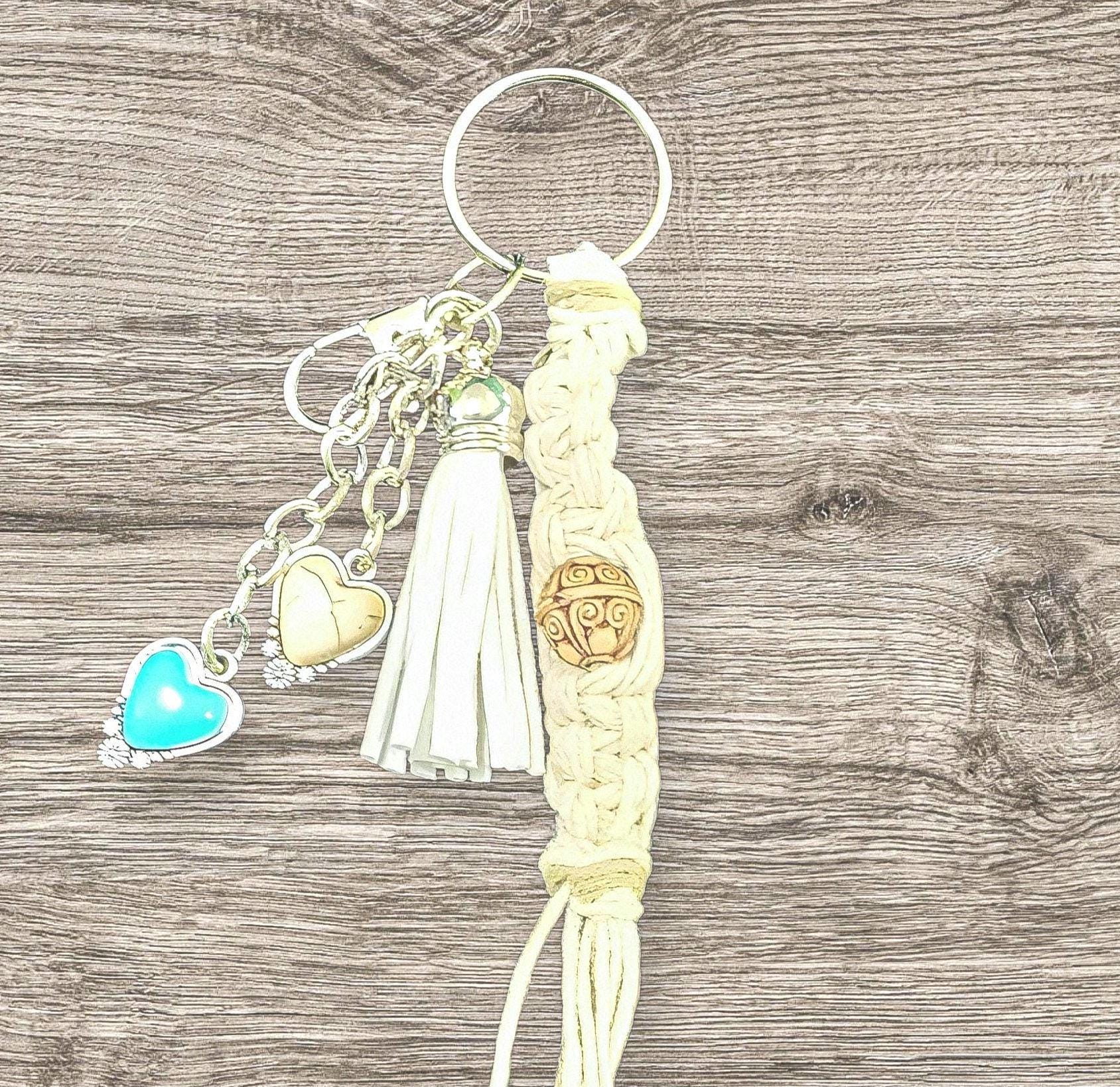 Handmade Hemp Keychain: Heart Charms & Glass Beads - Thumbnail 6