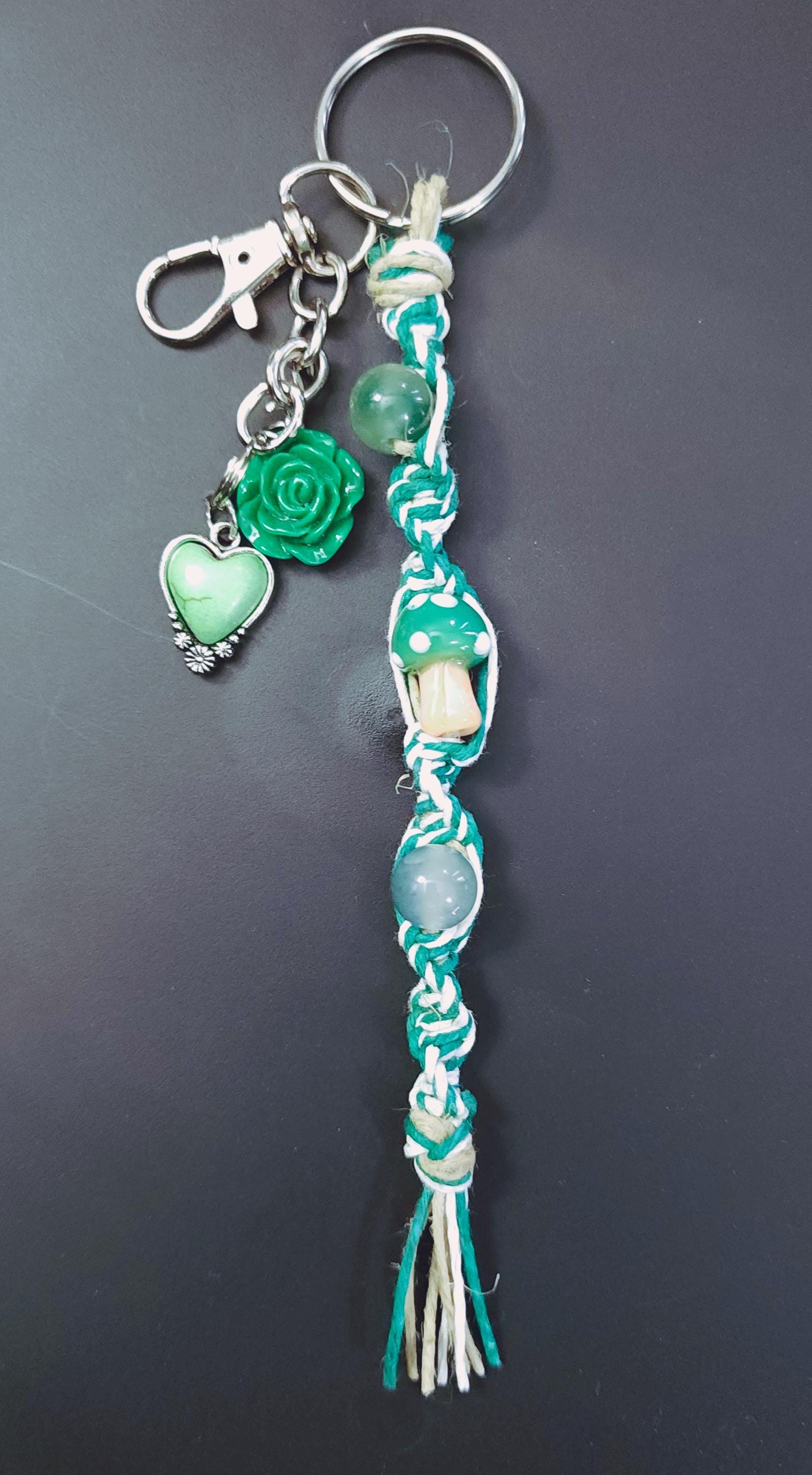 Handmade Hemp Keychain: Mushroom Charm, Glass Beads