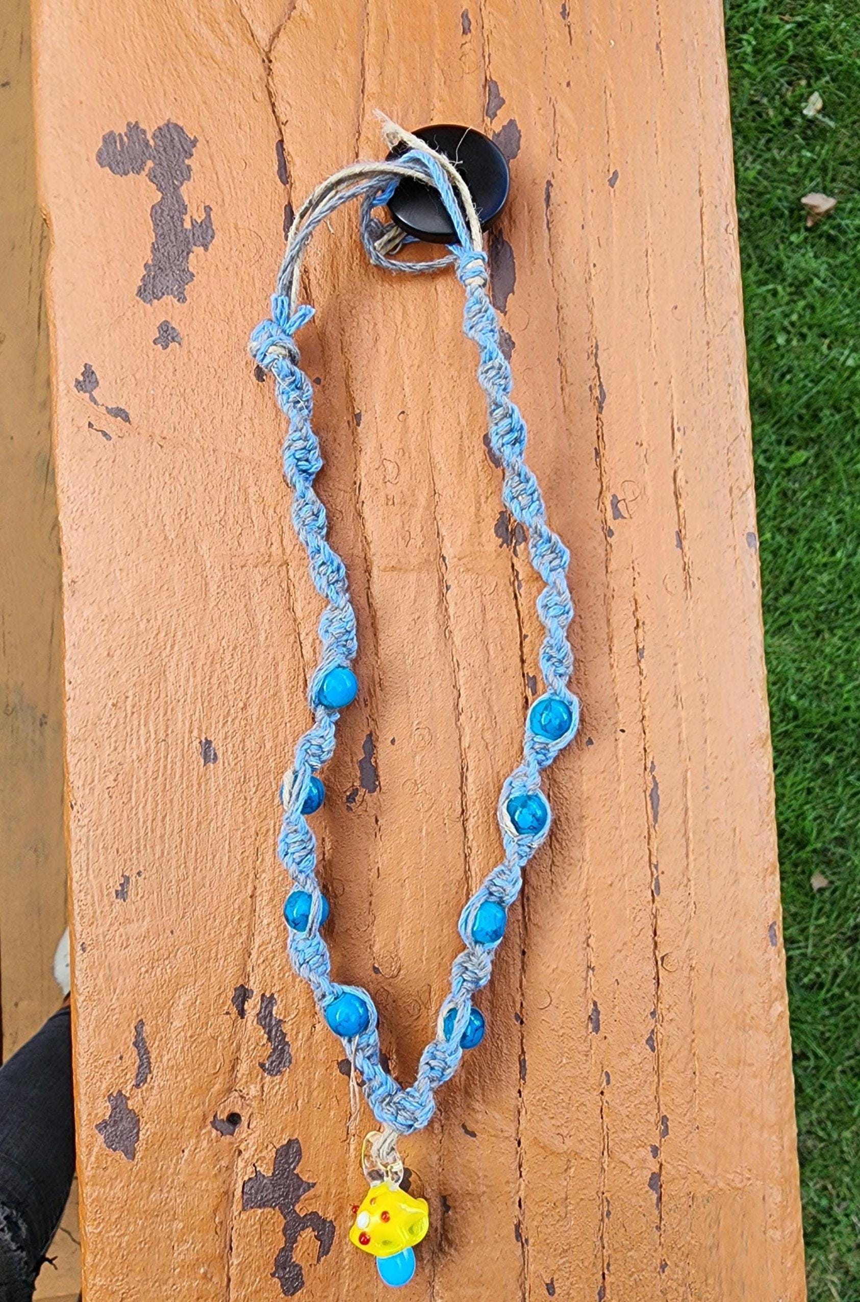 Hemp Necklace: Boho Light Blue Gray Cord with Glass Mushroom Bead - Thumbnail 4