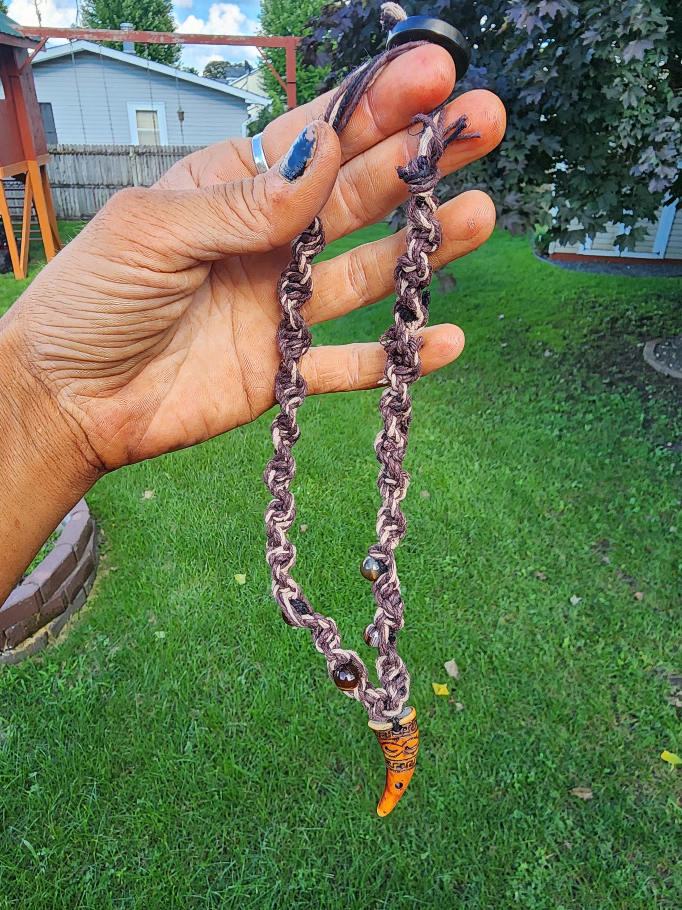 Hemp Necklace with Tooth Bead: Boho Handmade Natural Fiber Jewelry - Thumbnail 4
