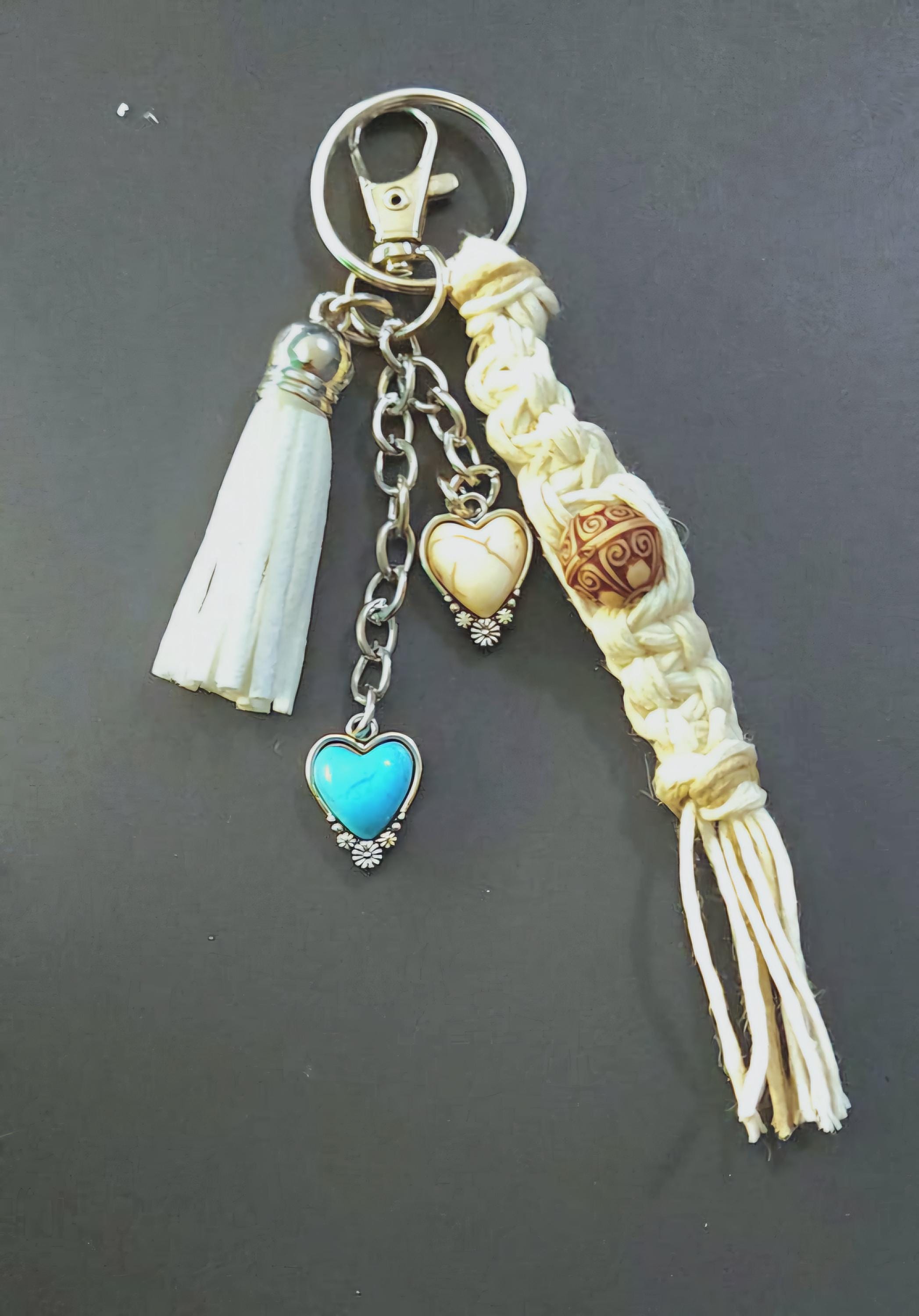 Handmade Hemp Keychain: Heart Charms & Glass Beads - Thumbnail 3