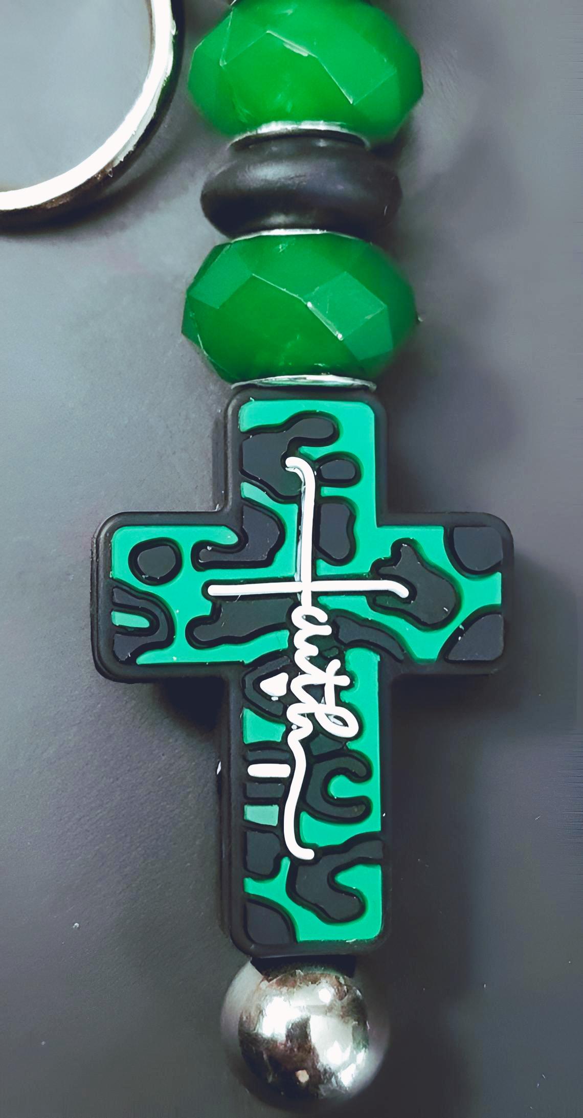 Handmade Faith Cross Keychain: Green Beaded Charm