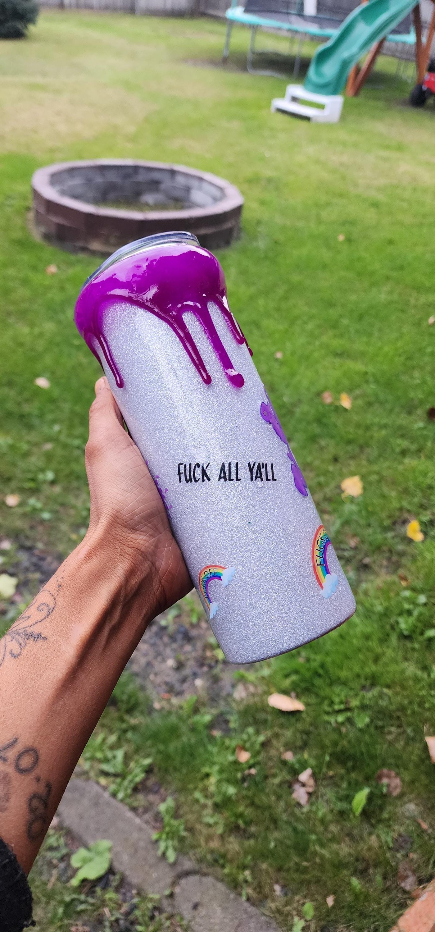 Purple Swear Bear Epoxy Tumbler: Snarky Glitter "Fuck Off" Cup - Thumbnail 3