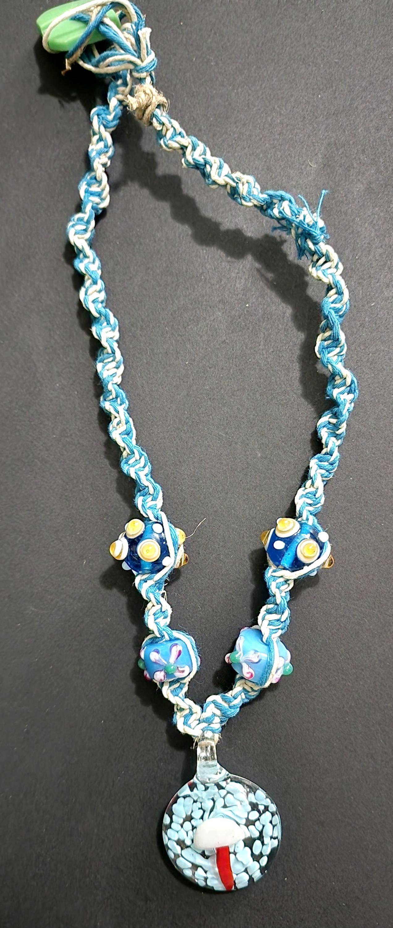 Handmade Blue Hemp Necklace: Glass Mushroom Pendant - Thumbnail 2