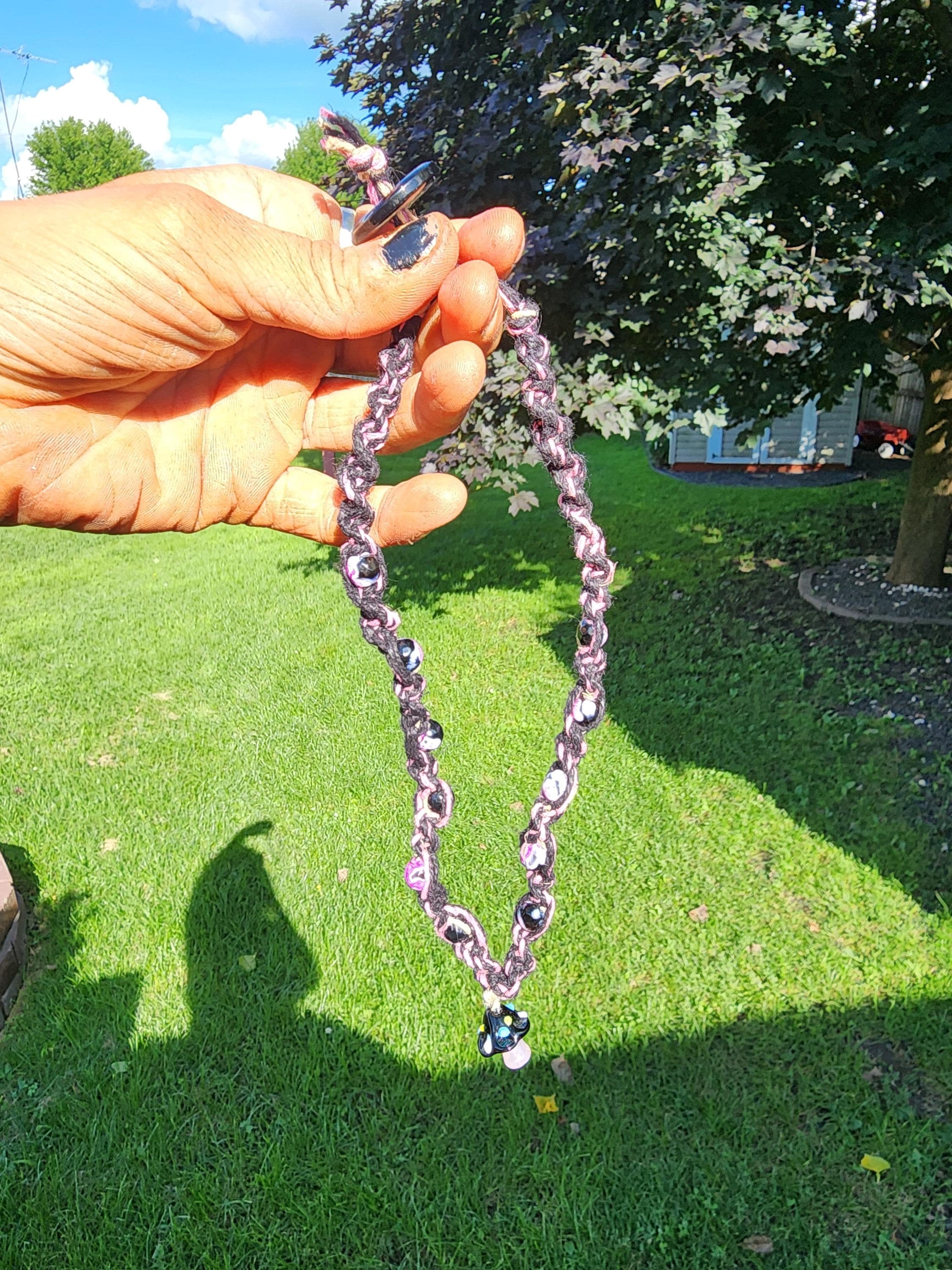Pink & Black Hemp Necklace: Mushroom Pendant, Boho Alt Jewelry