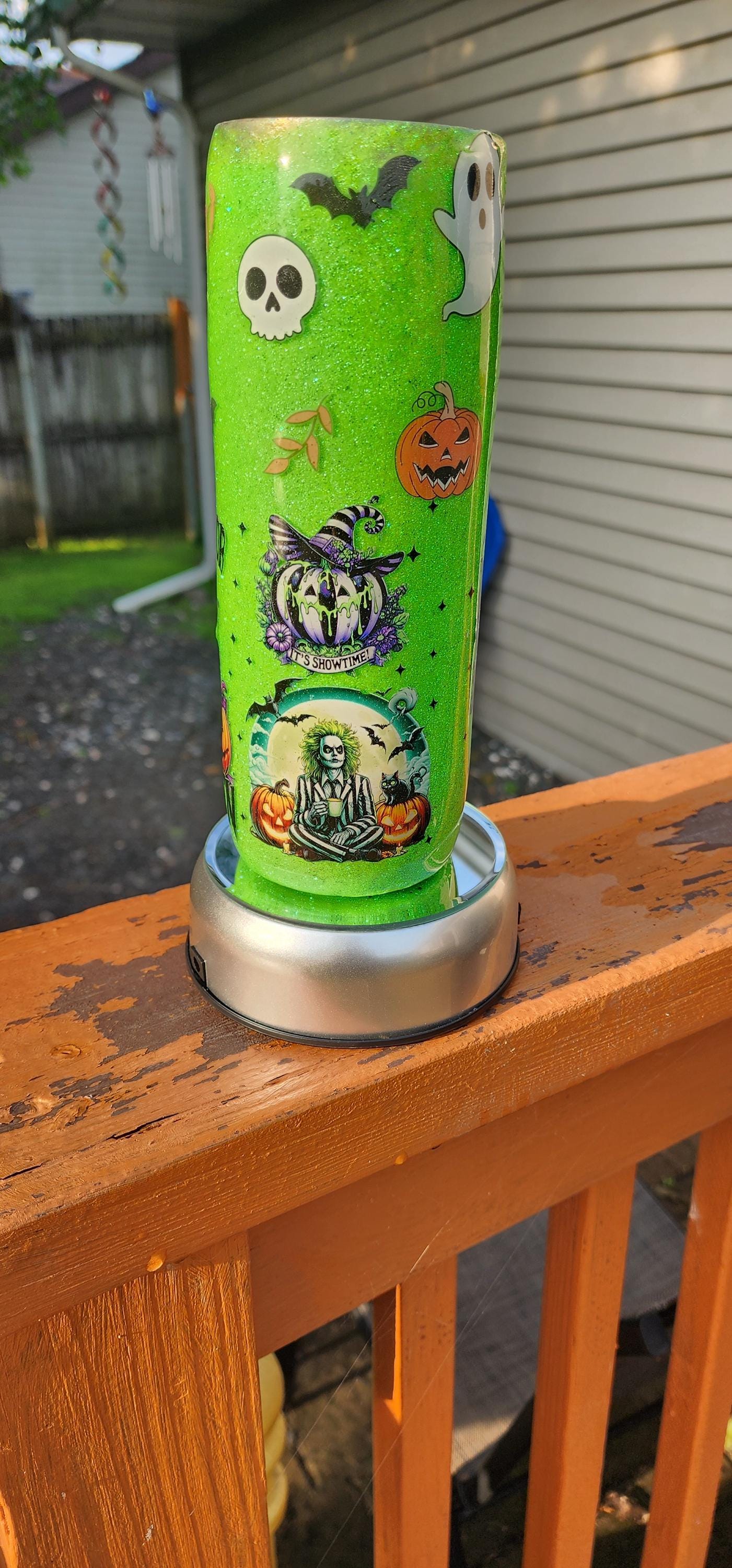 Beetlejuice Tumbler: Lime Green Spooky Sparkle Stainless Steel Cup - Thumbnail 3
