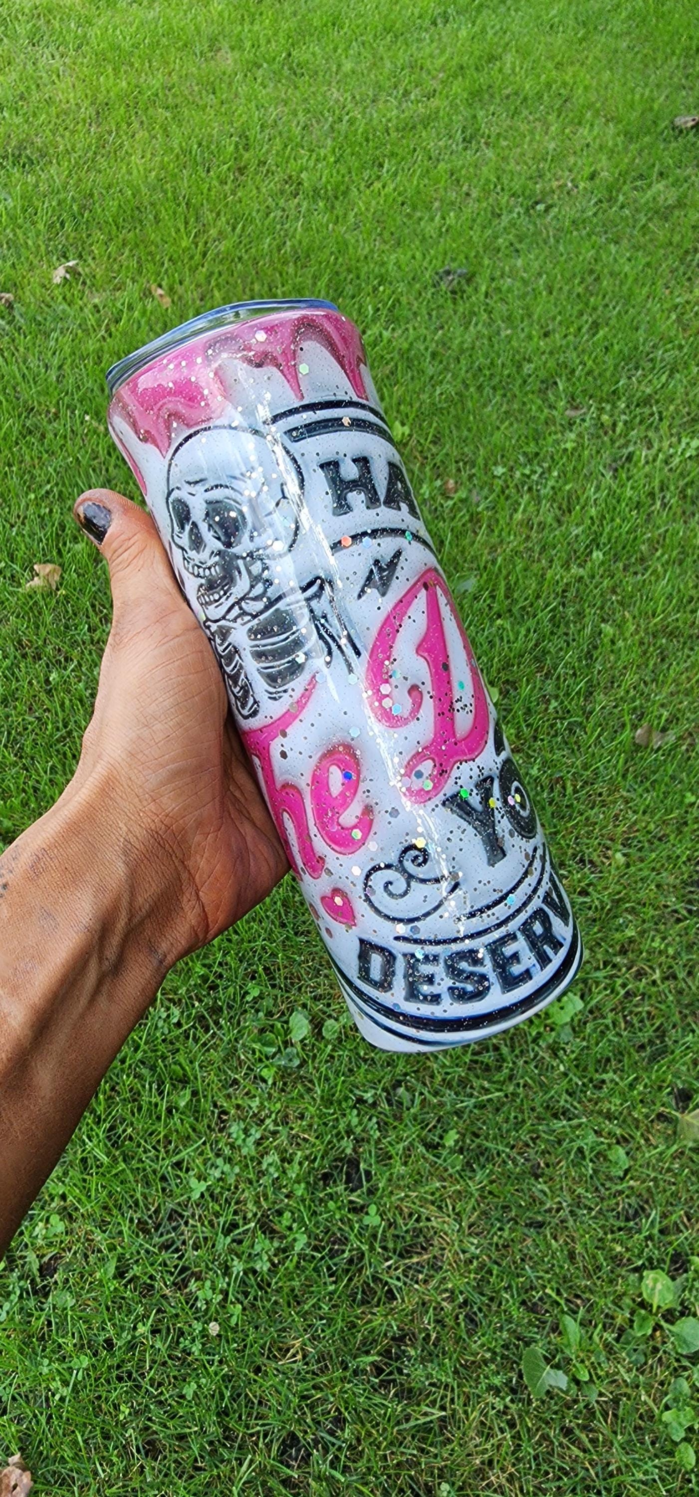 Skull Epoxy Tumbler: Pink & White Glitter 20oz Stainless Steel Cup - Thumbnail 4