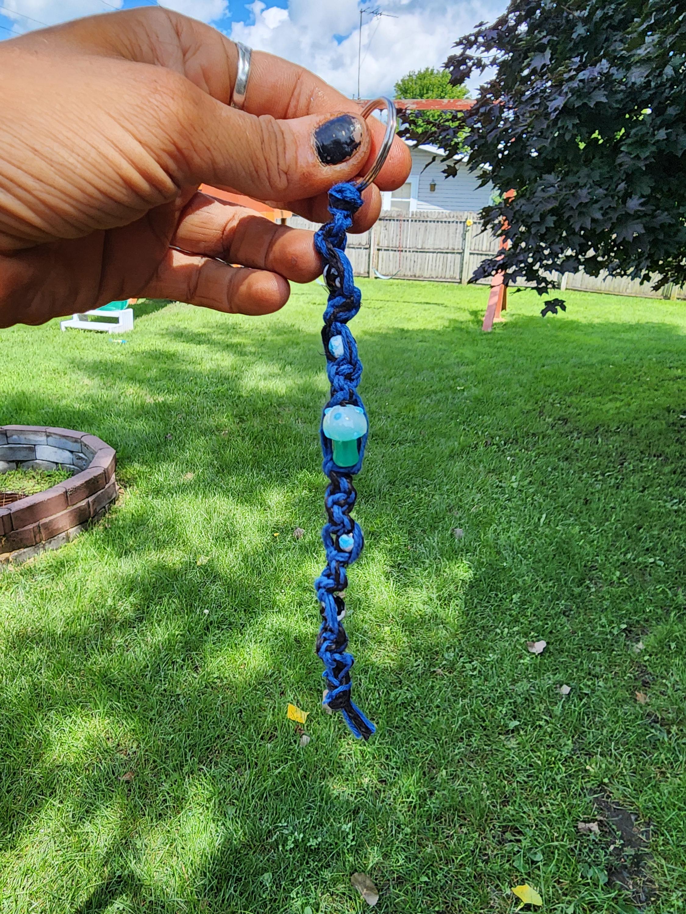 Hemp Keychain: Black & Blue Braid with Greenish-Blue Mushroom Charm - Thumbnail 2