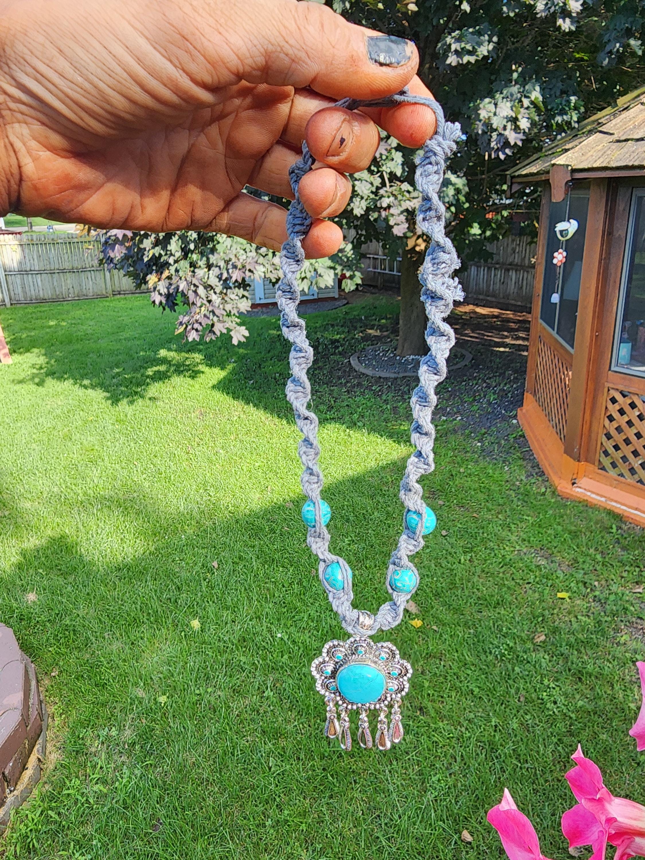 Handmade Hemp Necklace with Turquoise Pendant - Thumbnail 6