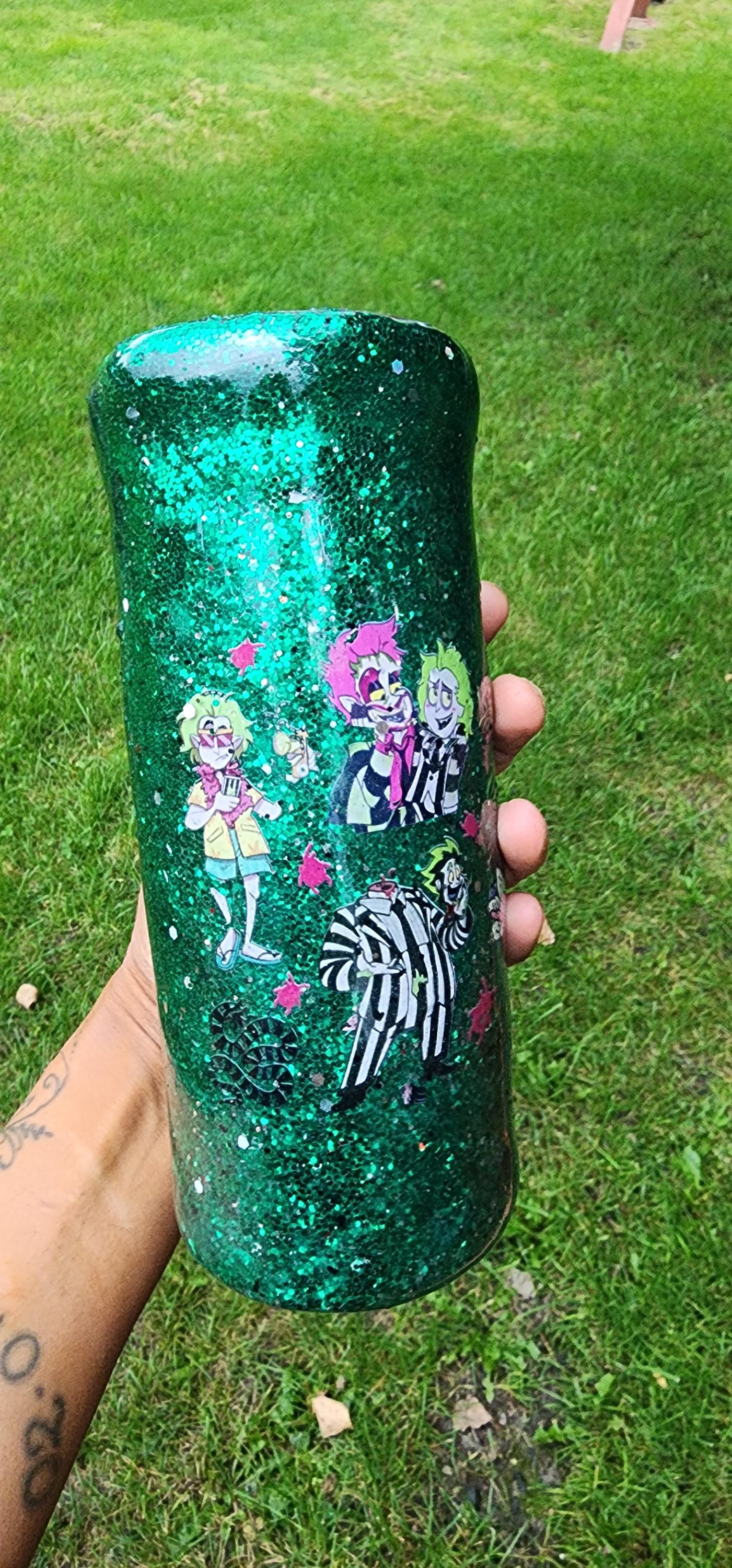 Beetlejuice Tumbler: Neon Green Glitter Drip, Spooky Stainless Steel Cup - Thumbnail 5